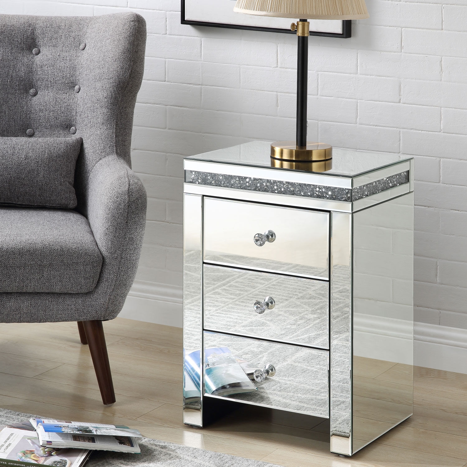 Noralie 97954 Mirrored/Faux Diamonds Accent Table/Nightstand