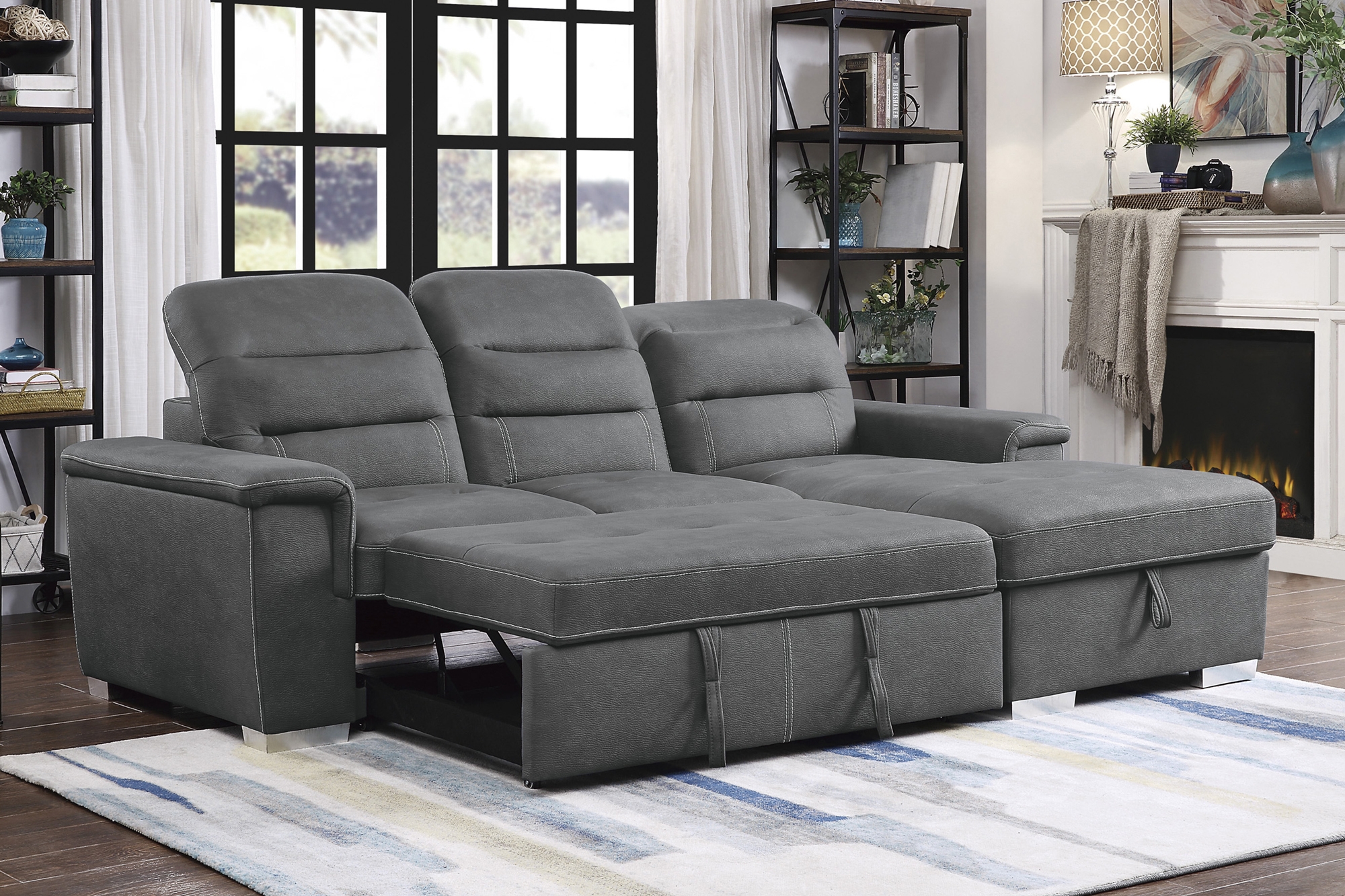 Alfio Microfiber Sectional with Pull-out Bed and Hidden Storage