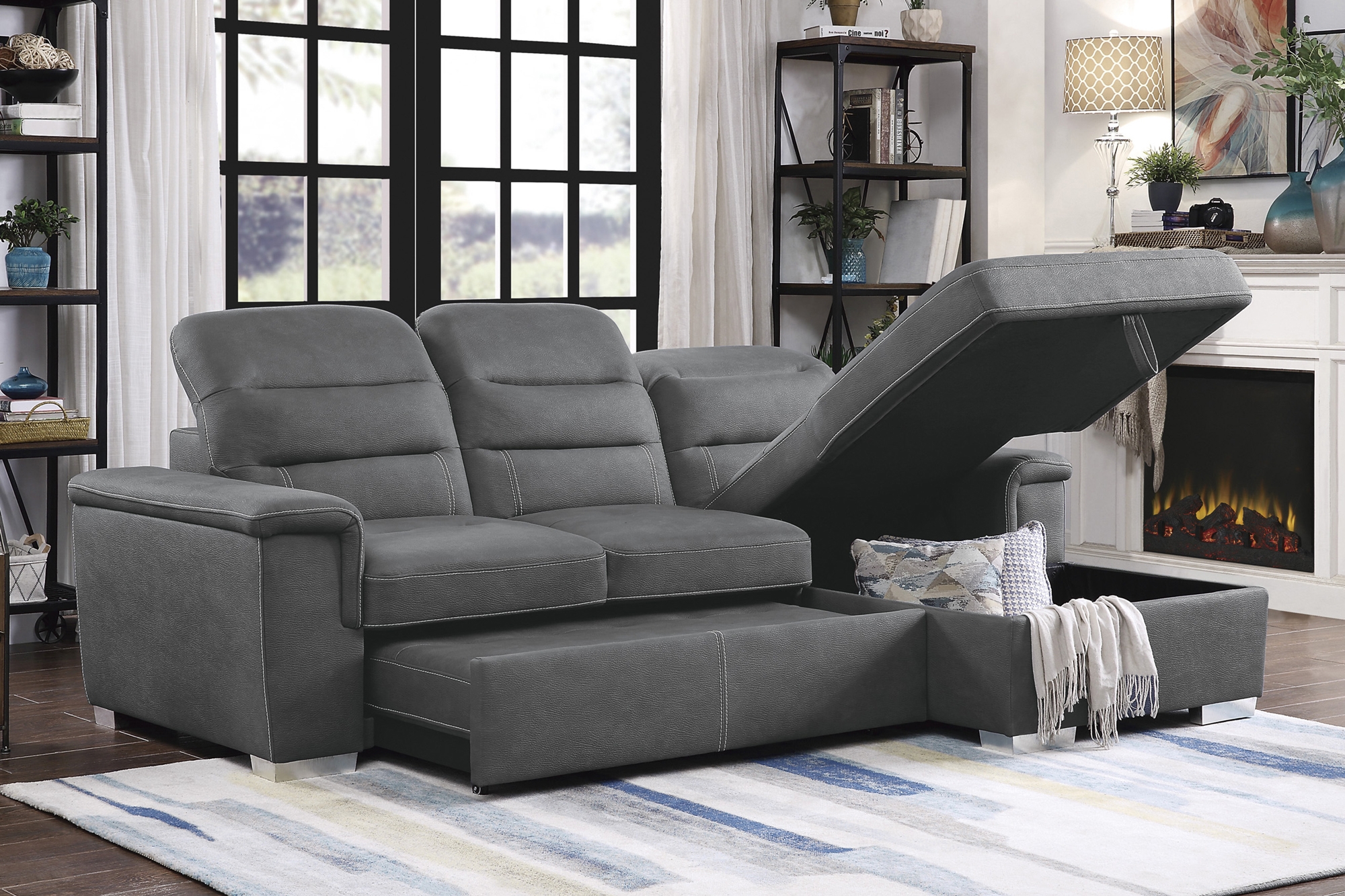 Alfio Microfiber Sectional with Pull-out Bed and Hidden Storage