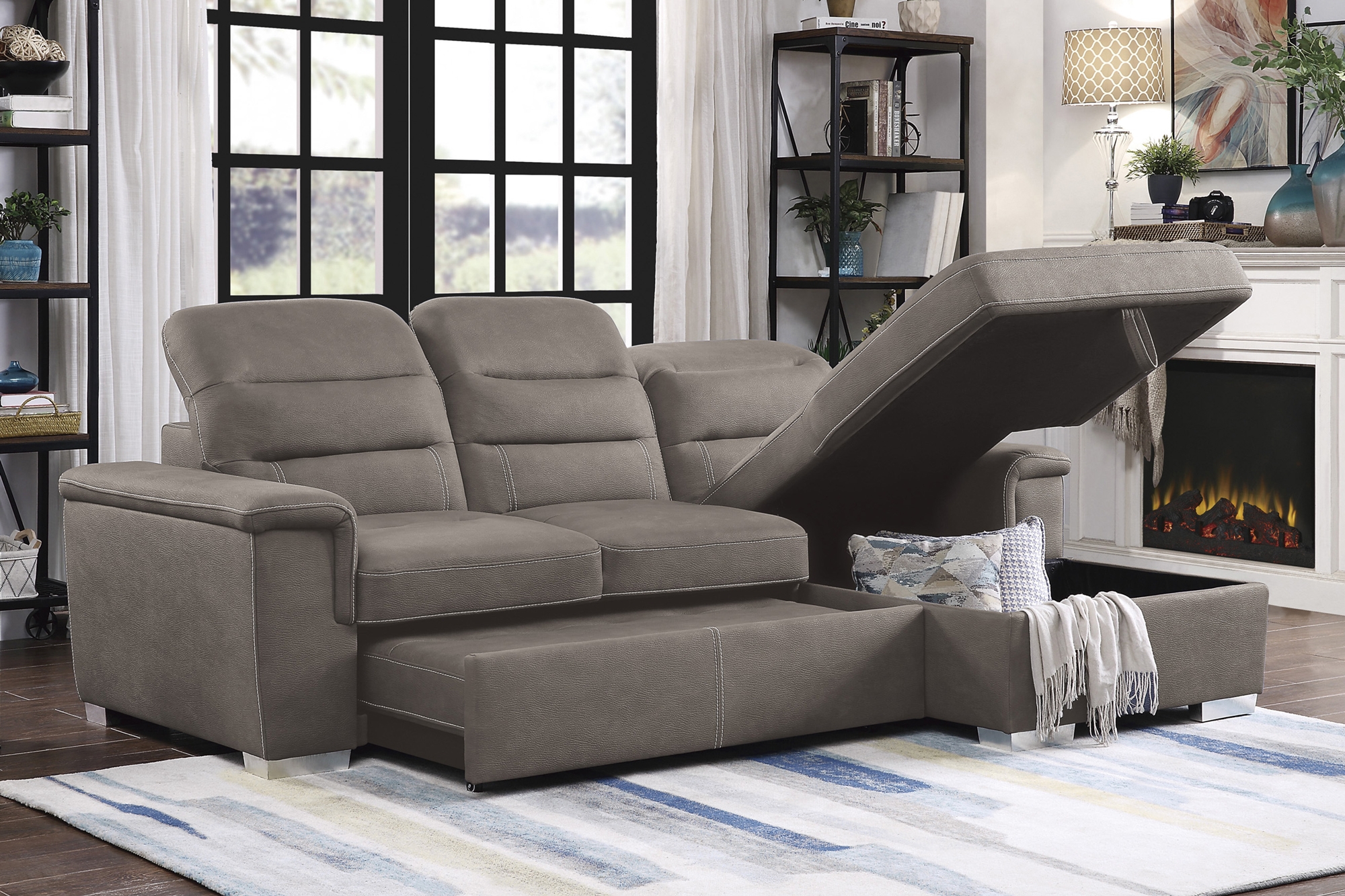 Alfio Microfiber Sectional with Pull-out Bed and Hidden Storage