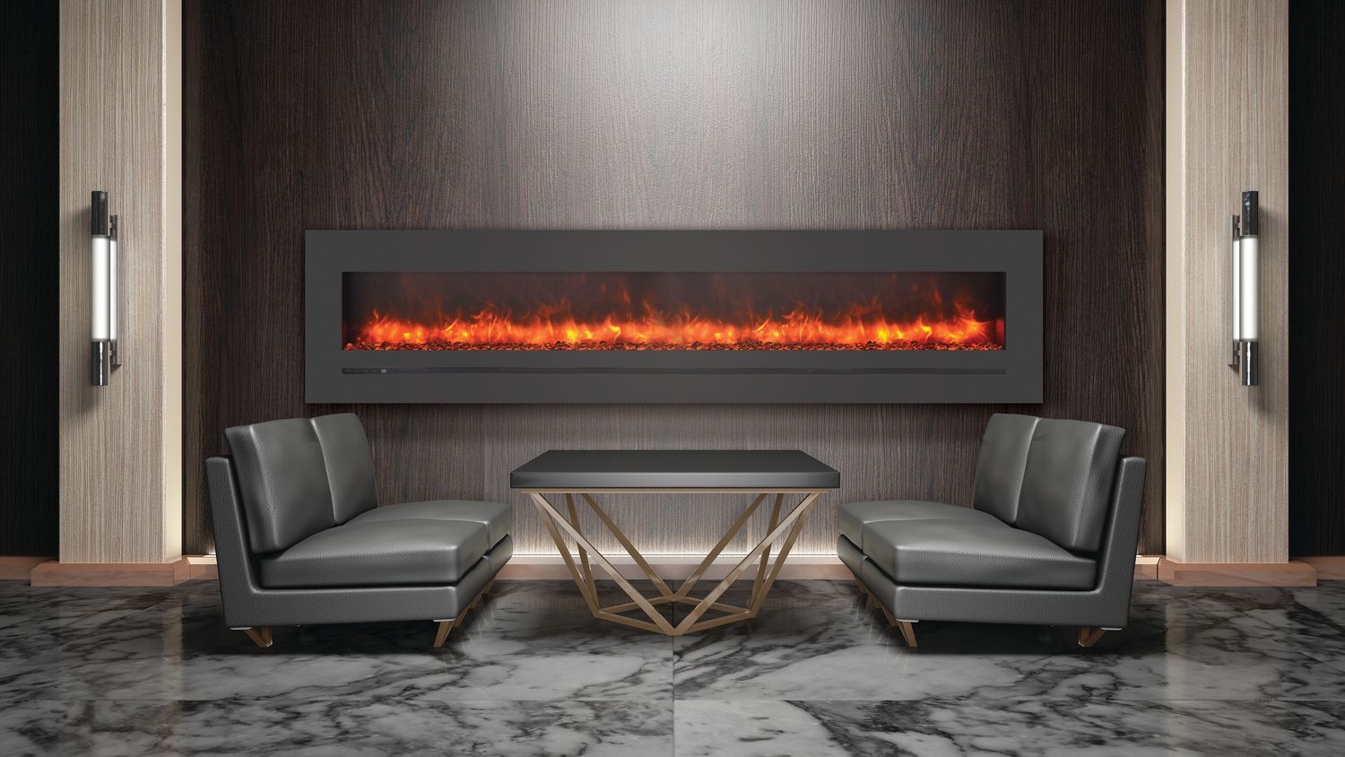 LINEAR 88" Wall Mount/Flush Mount Electric Fireplace w/ Steel Surround & Clear Media