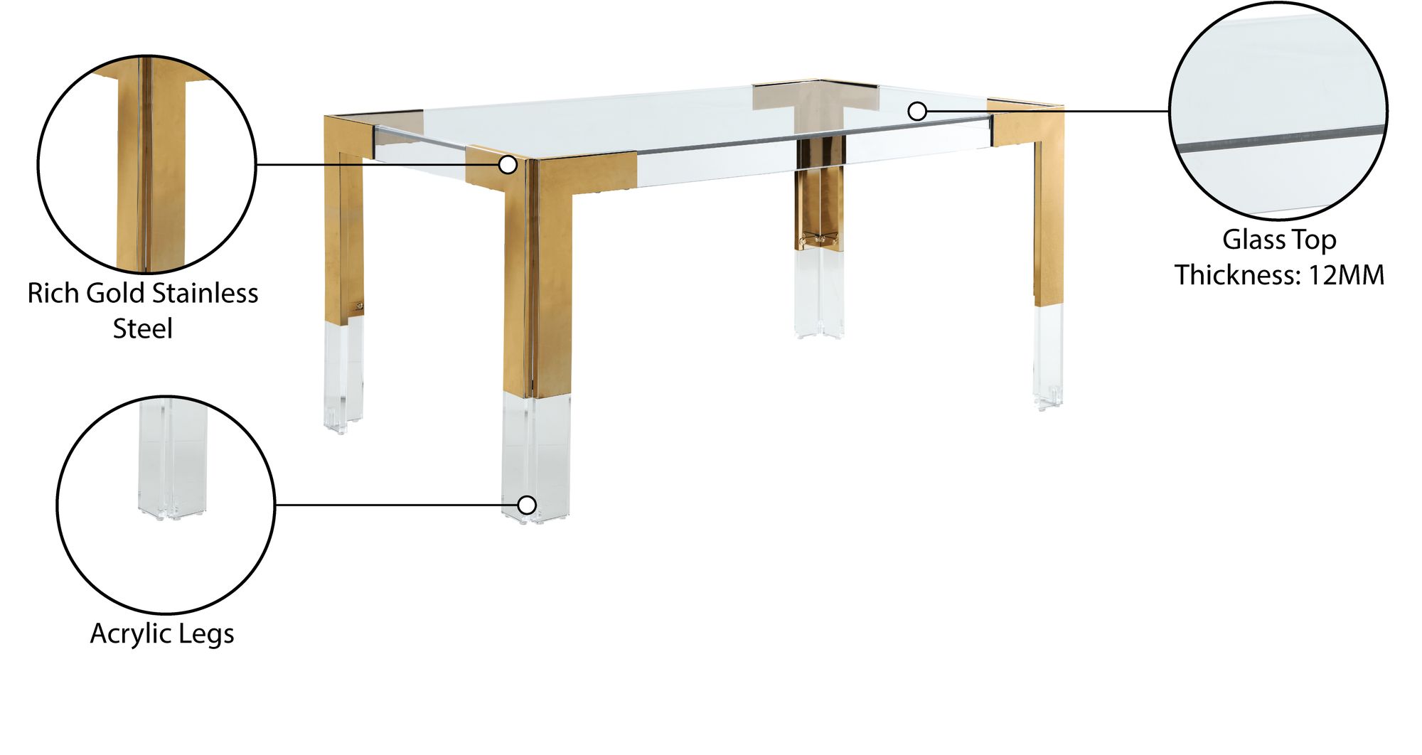 Casper 60" Rectangular Glass Dining Table with Acrylic & Gold Stainless Steel Base