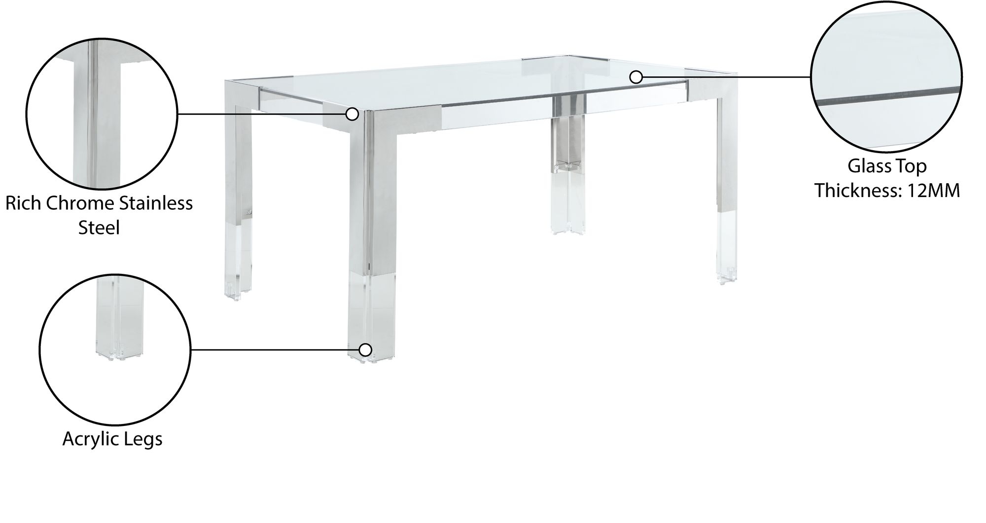 Casper 60" Rectangular Glass Dining Table with Acrylic & Stainless Steel Base