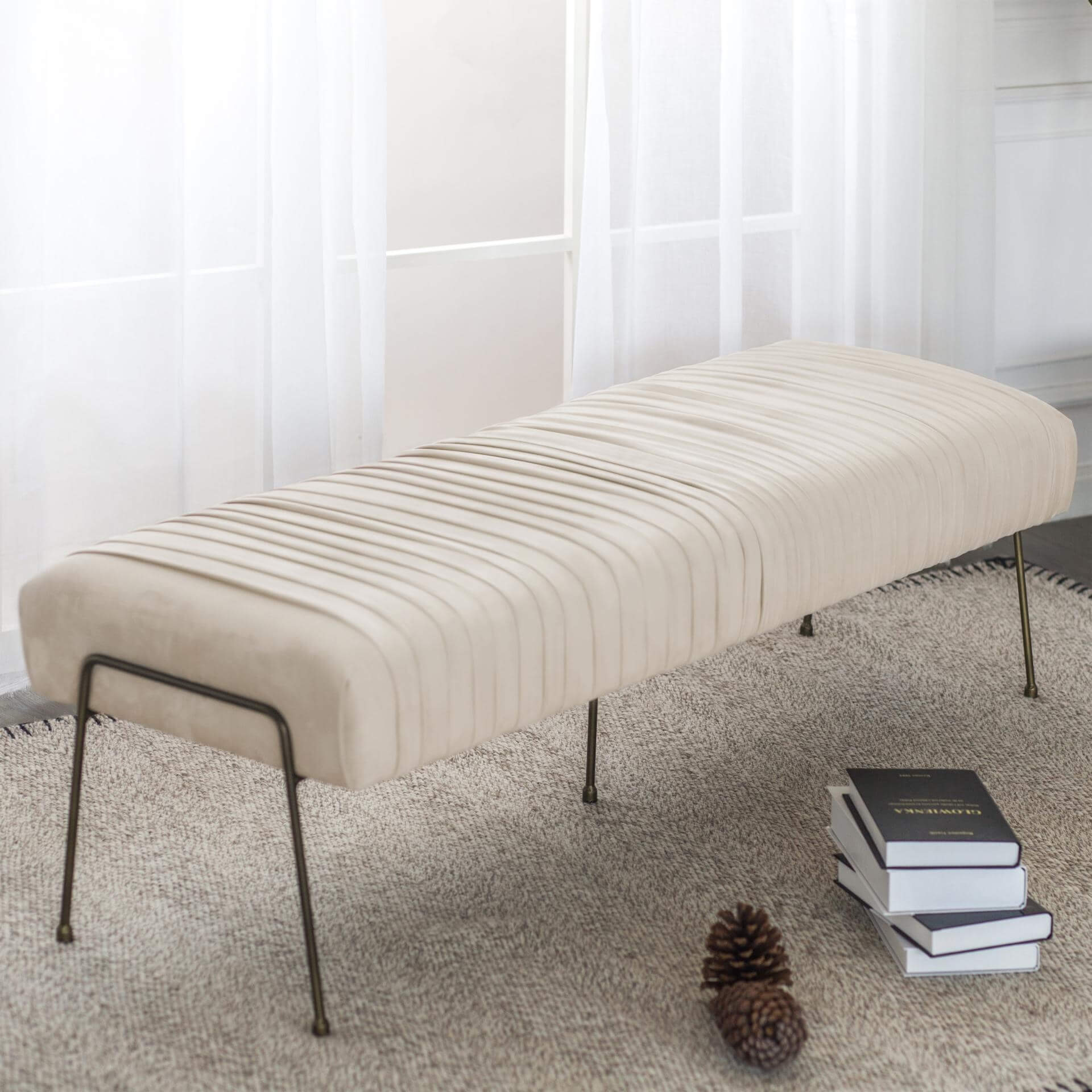 Merritt Velvet Fabric Pleated Bench