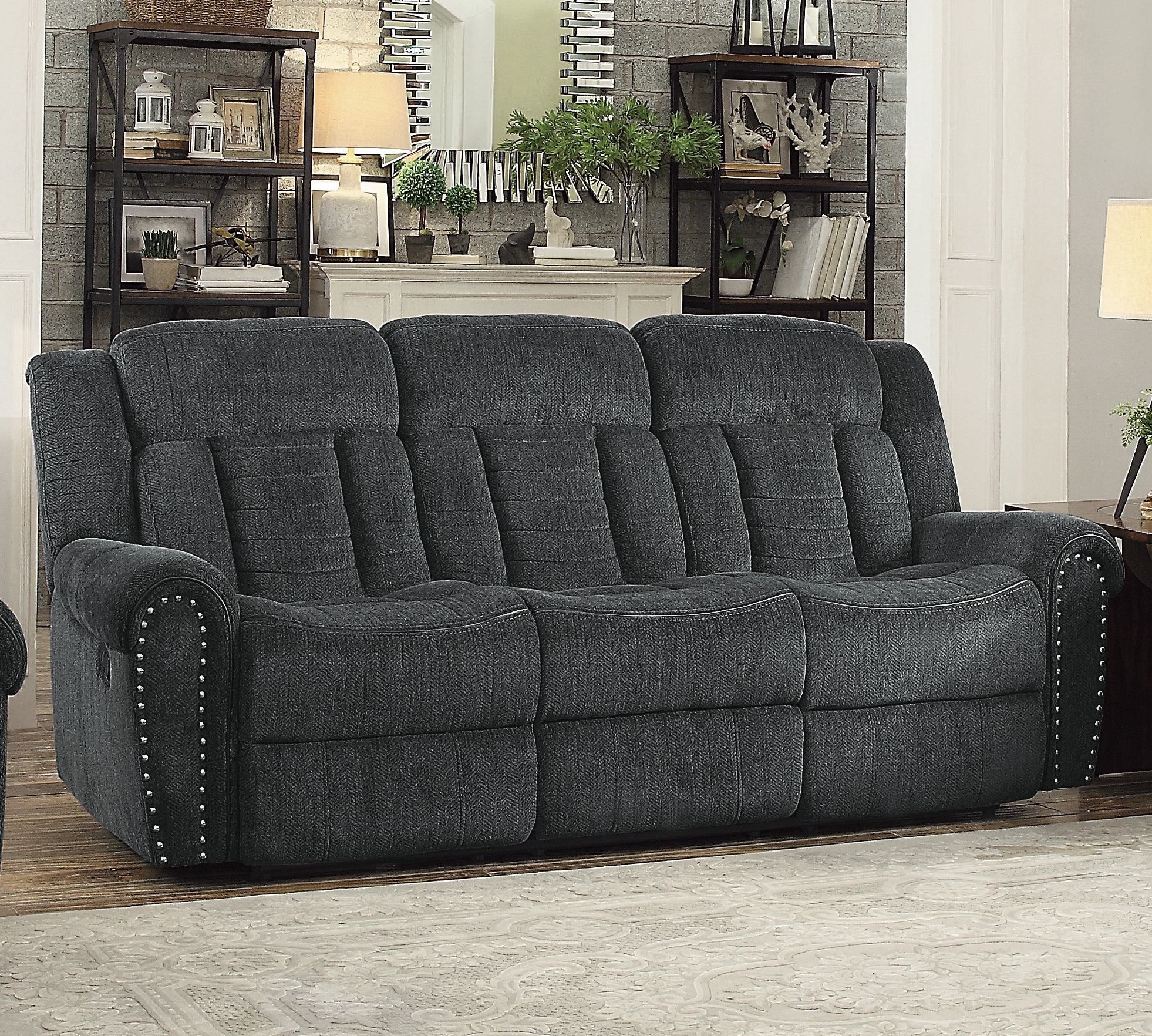 Nutmeg Polyester Fabric Double Reclining Sofa