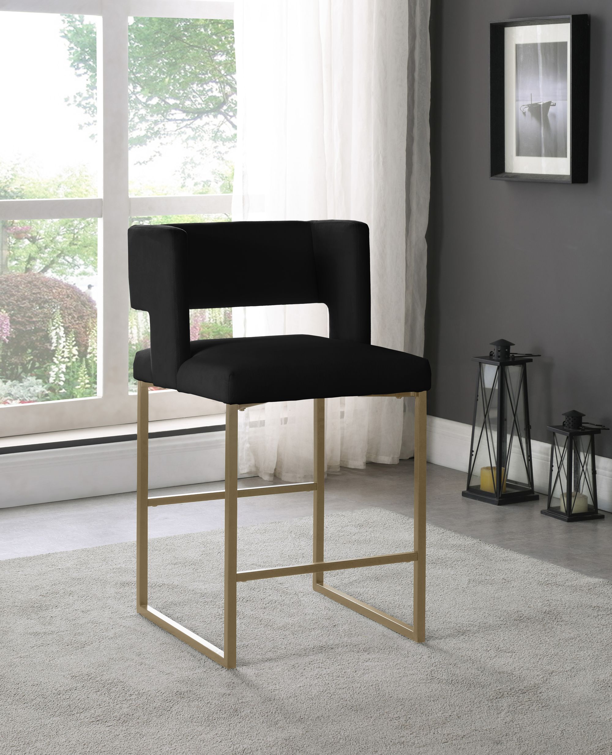 Caleb Velvet Counter Stool with Brushed Gold Iron Legs