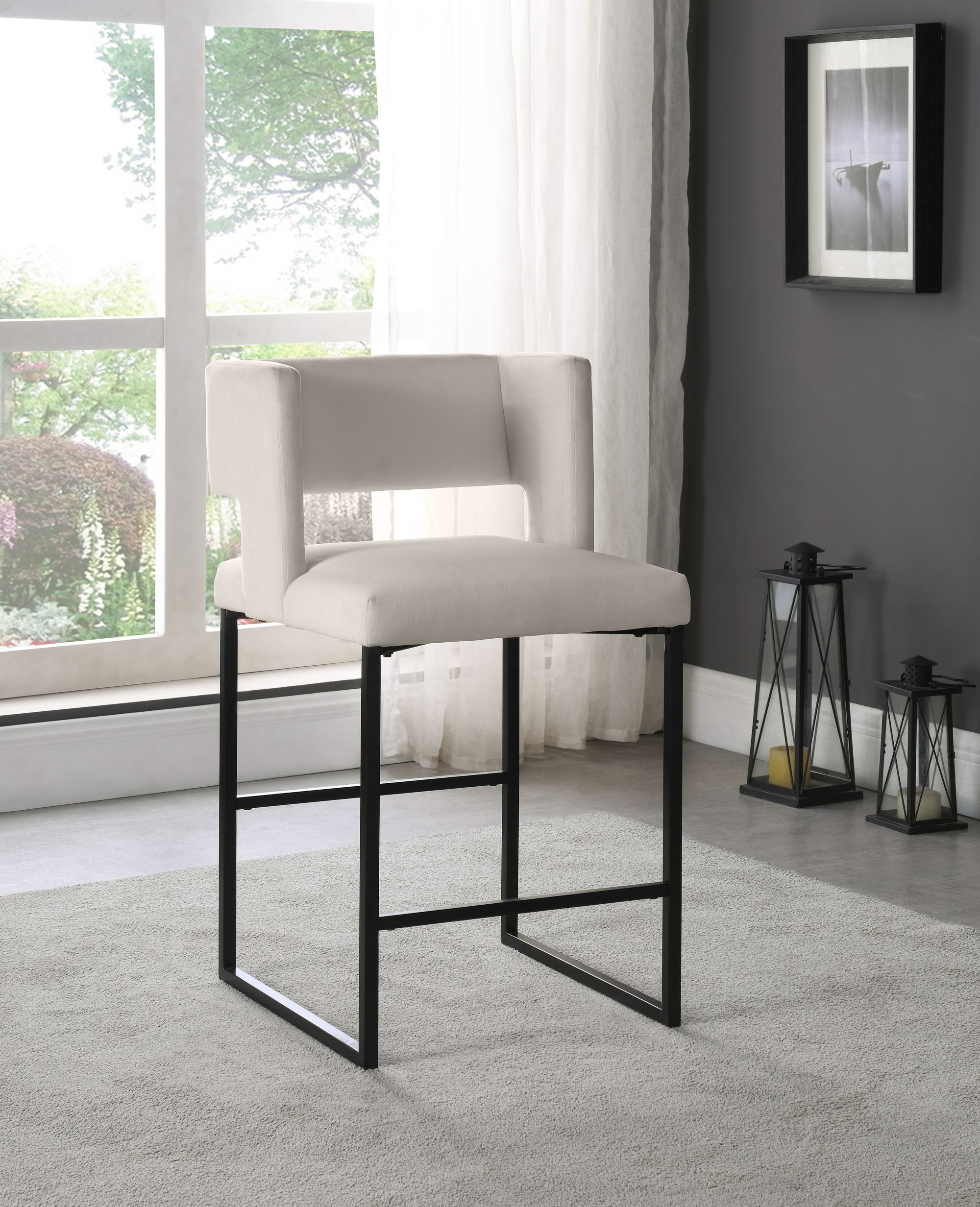 Caleb Velvet Counter Stool with Matte Black Iron Legs