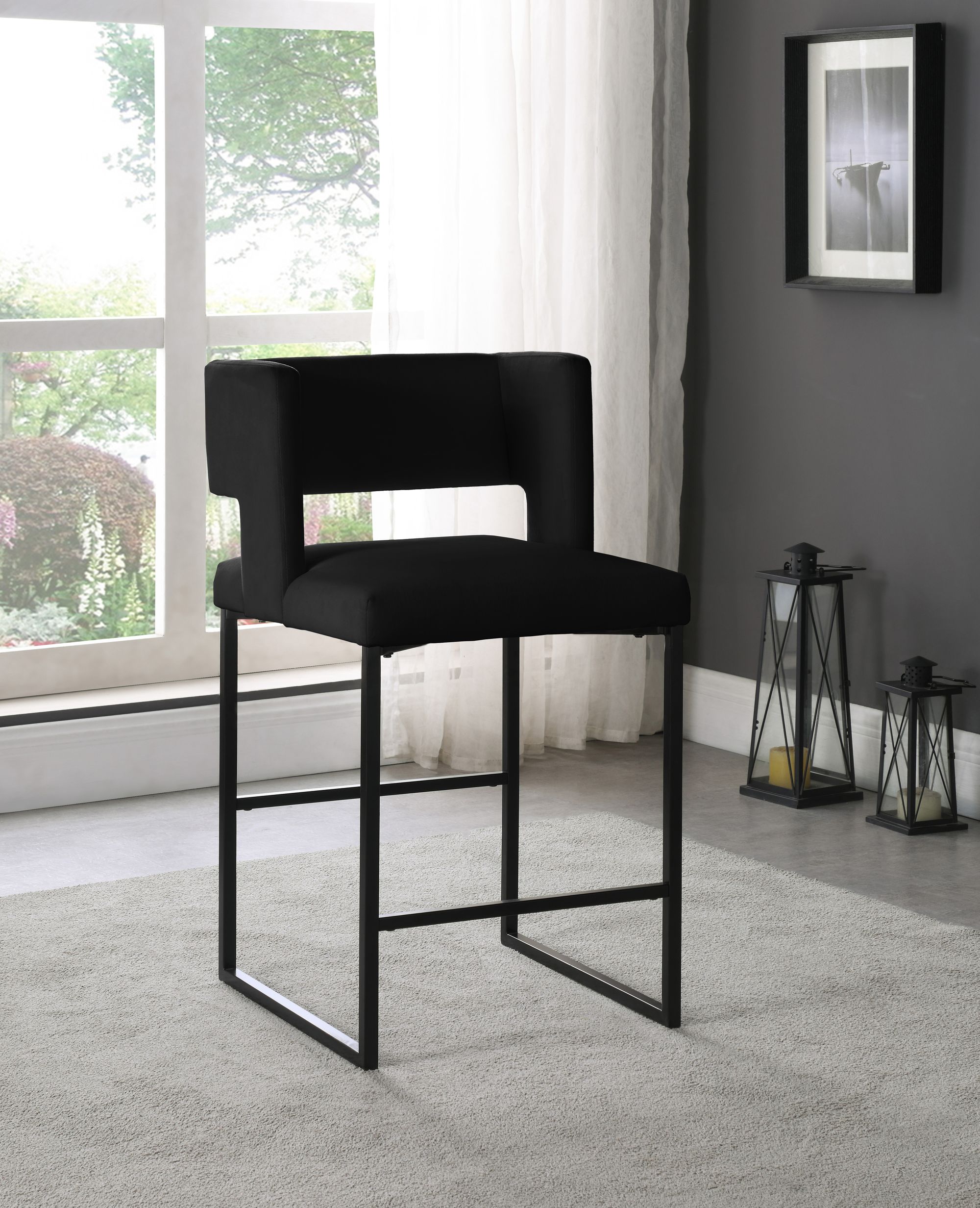 Caleb Velvet Counter Stool with Matte Black Iron Legs