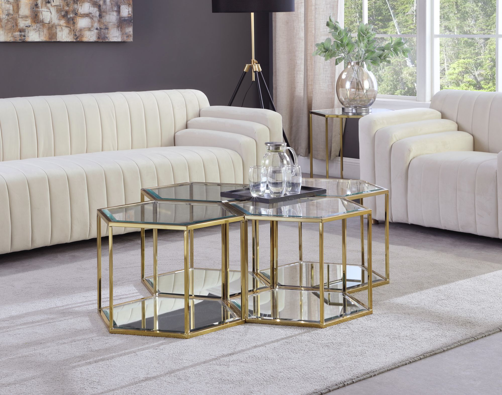 Sei 4-Piece Glass Coffee Table with Brushed Gold Base