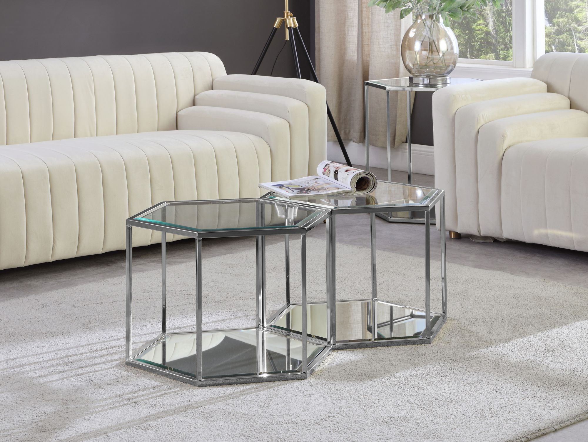 Sei 2-Piece Glass Coffee Table with Brushed Chrome Base