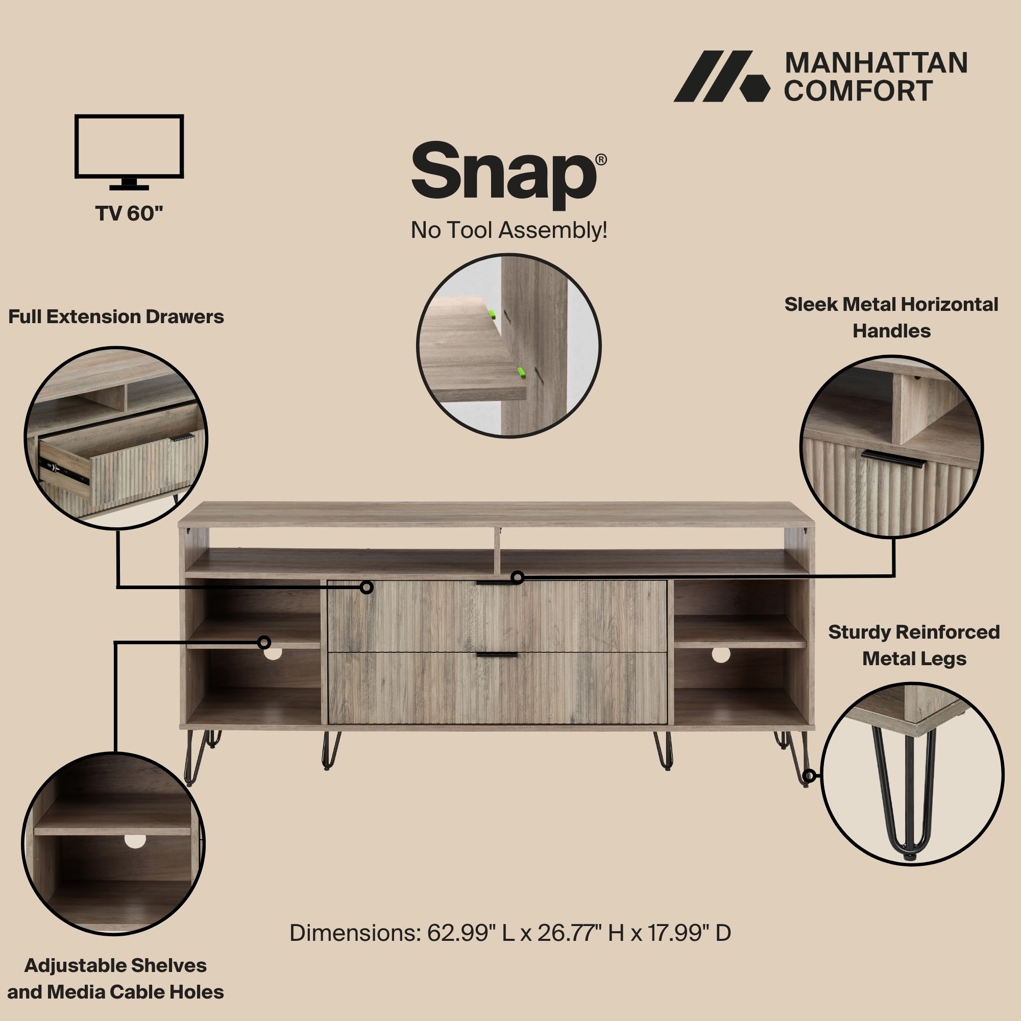 DUMBO 63-inch TV Stand w/6 Shelves & 2 Drawers 