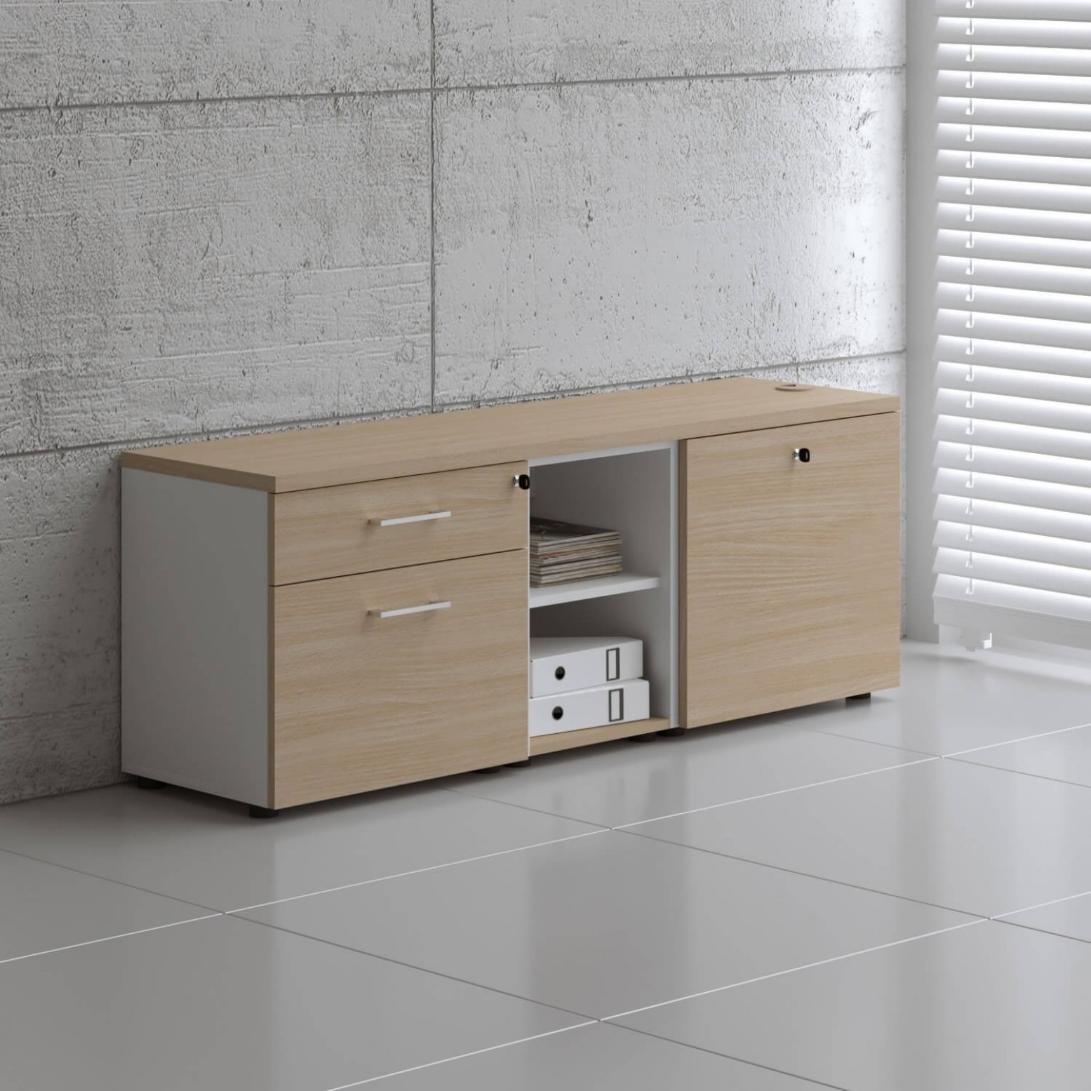 Standard Office Managerial Cabinet w/3 Drawers, 2 Open Shelves & Grommet