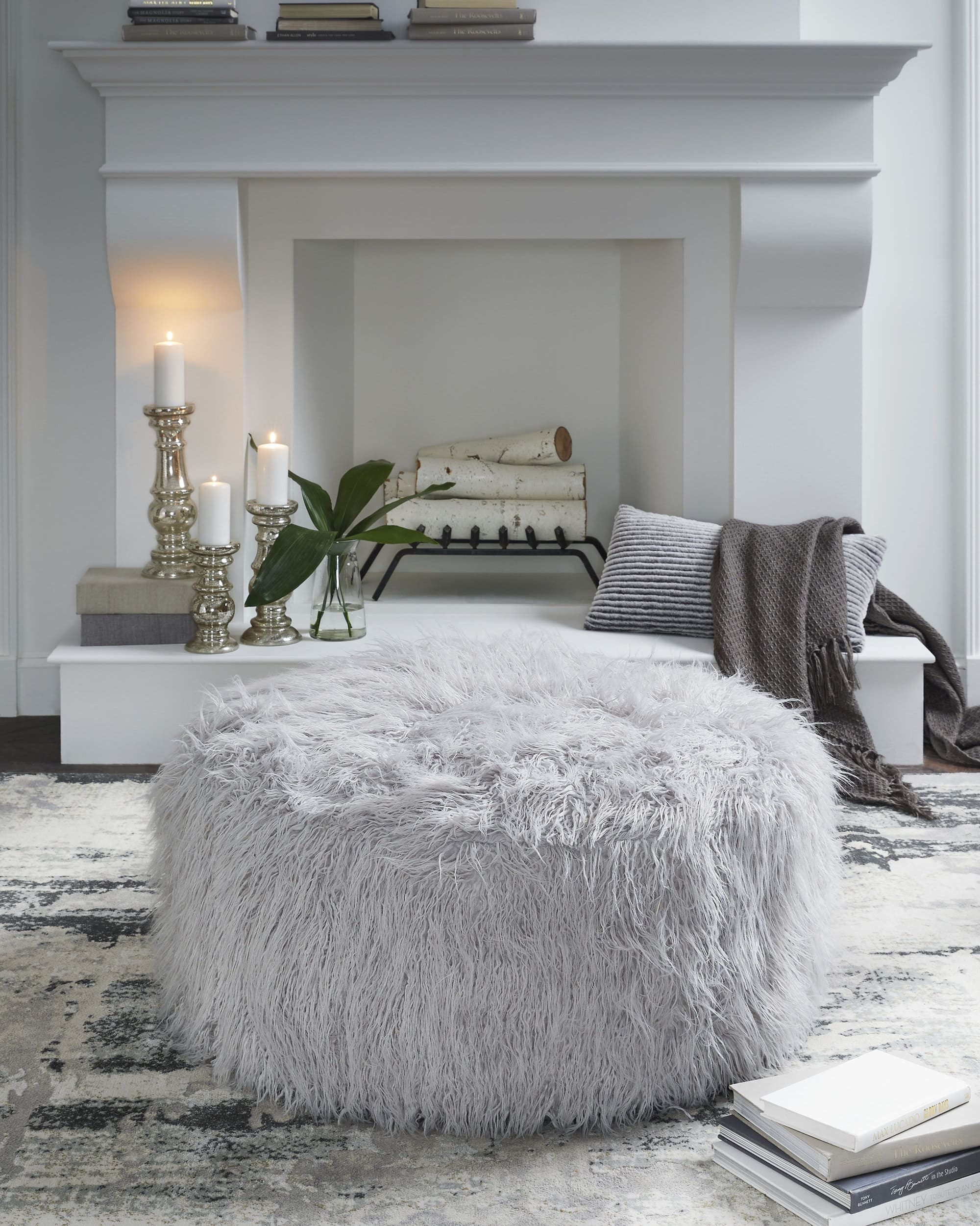 Galice 40" Round Oversized Accent Ottoman - Light Gray Textured Polyester
