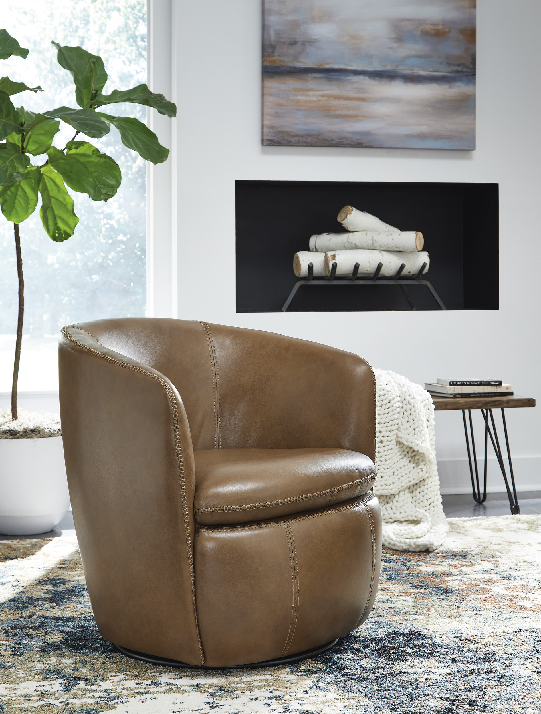Kierreys Leather/Metal Swivel Accent Chair