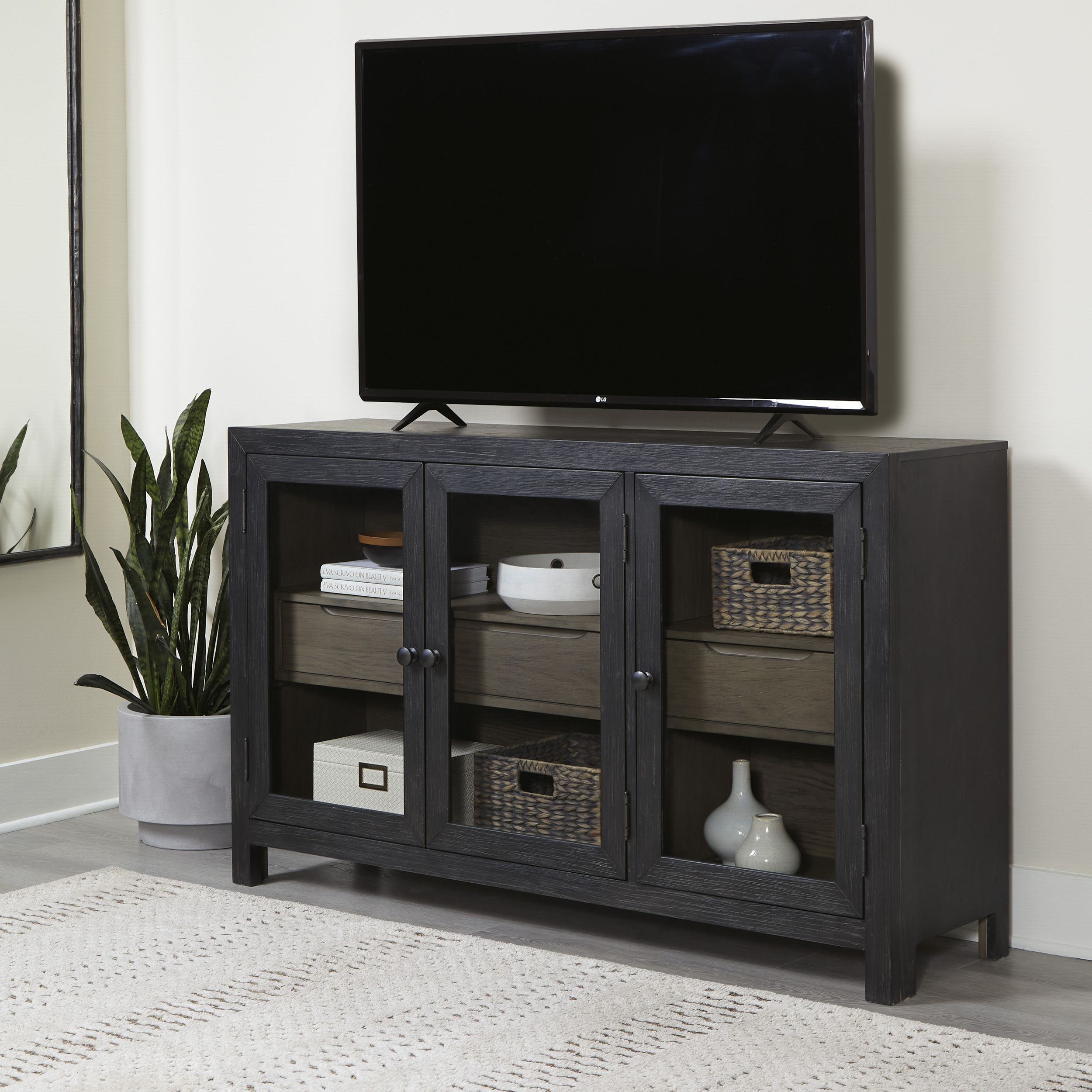 Lenston Horizontal 3-Door, 2-Drawer Accent Cabinet | Black & Gray