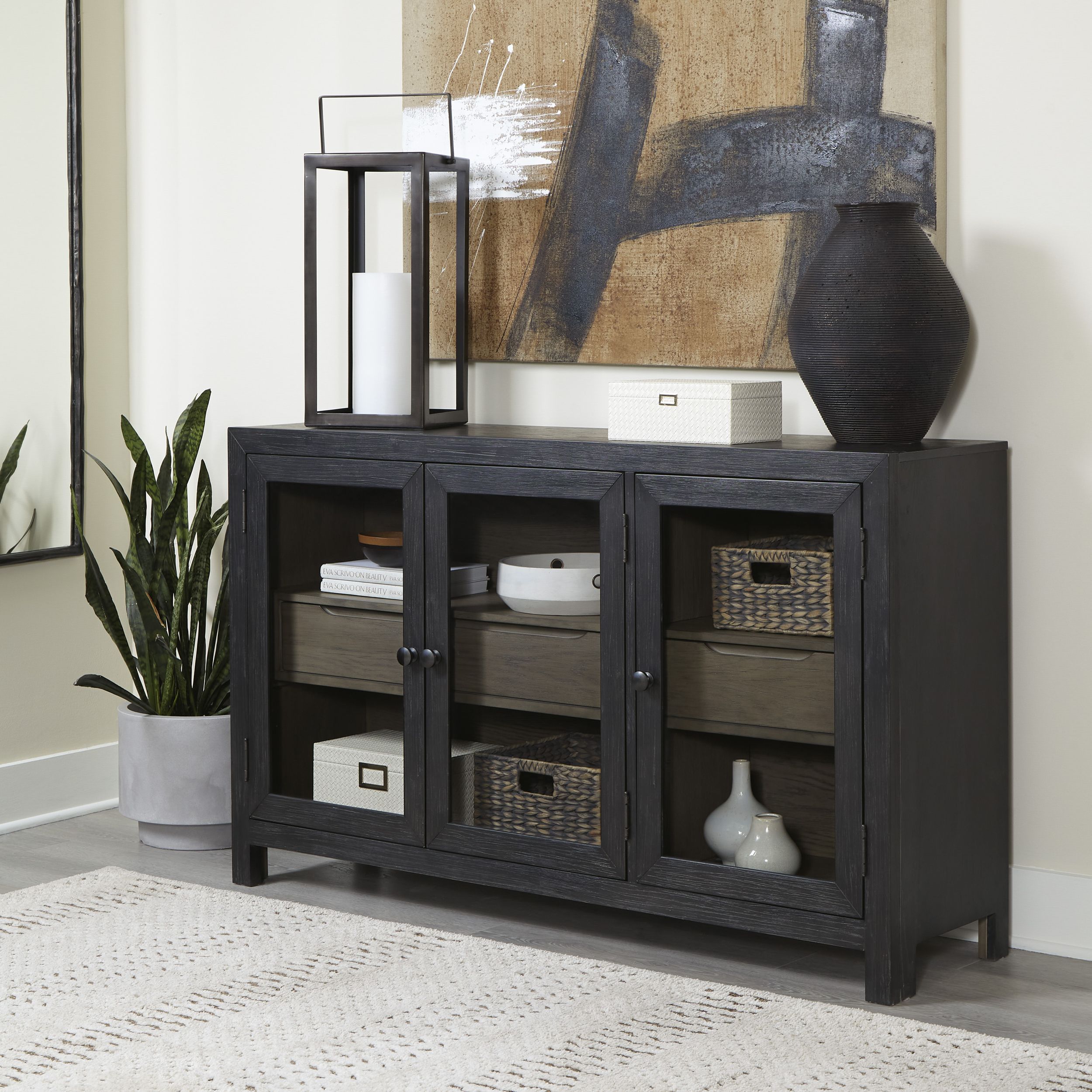 Lenston Horizontal 3-Door, 2-Drawer Accent Cabinet | Black & Gray