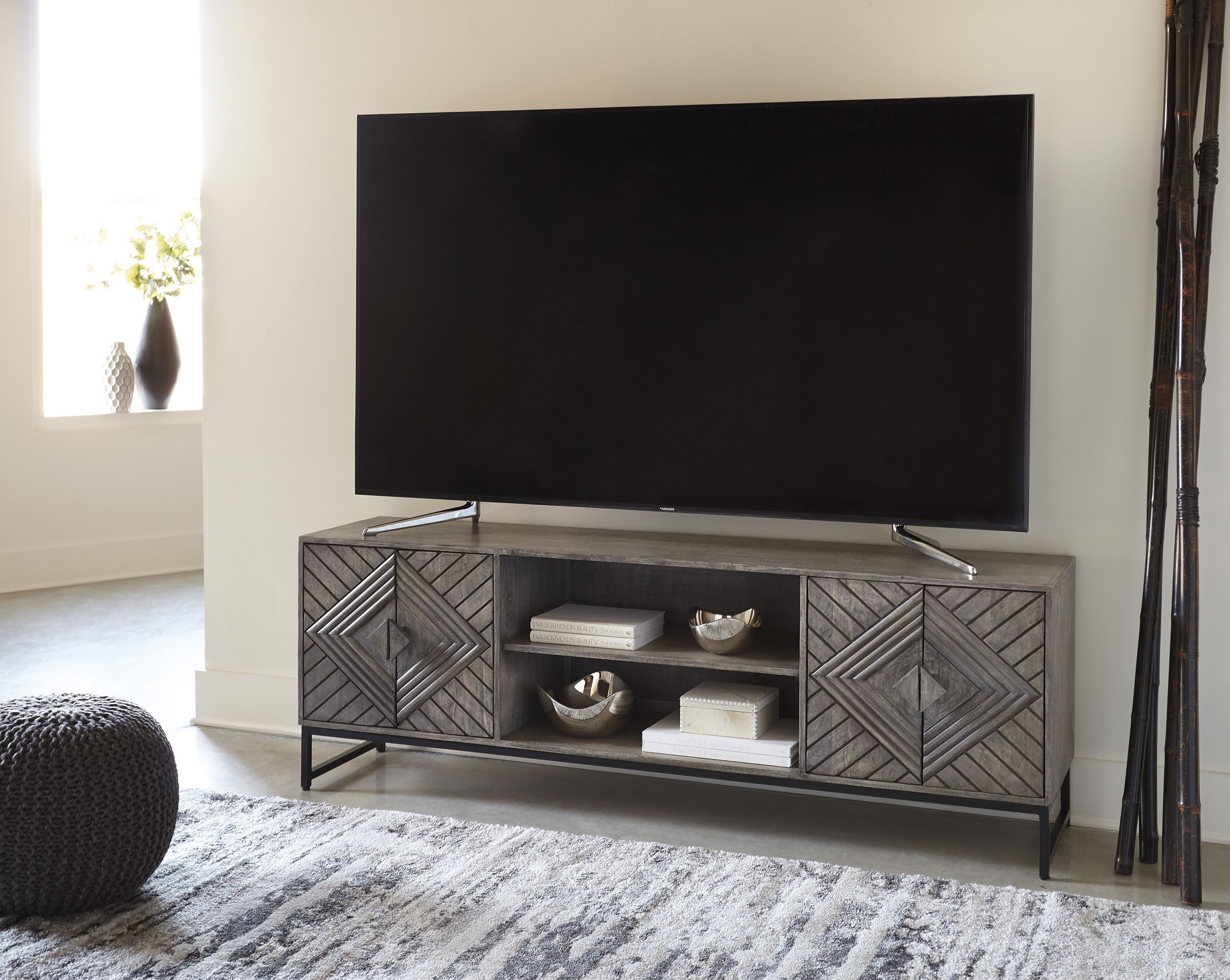 Treybrook 71" Accent Cabinet | Distressed Gray & Industrial Black