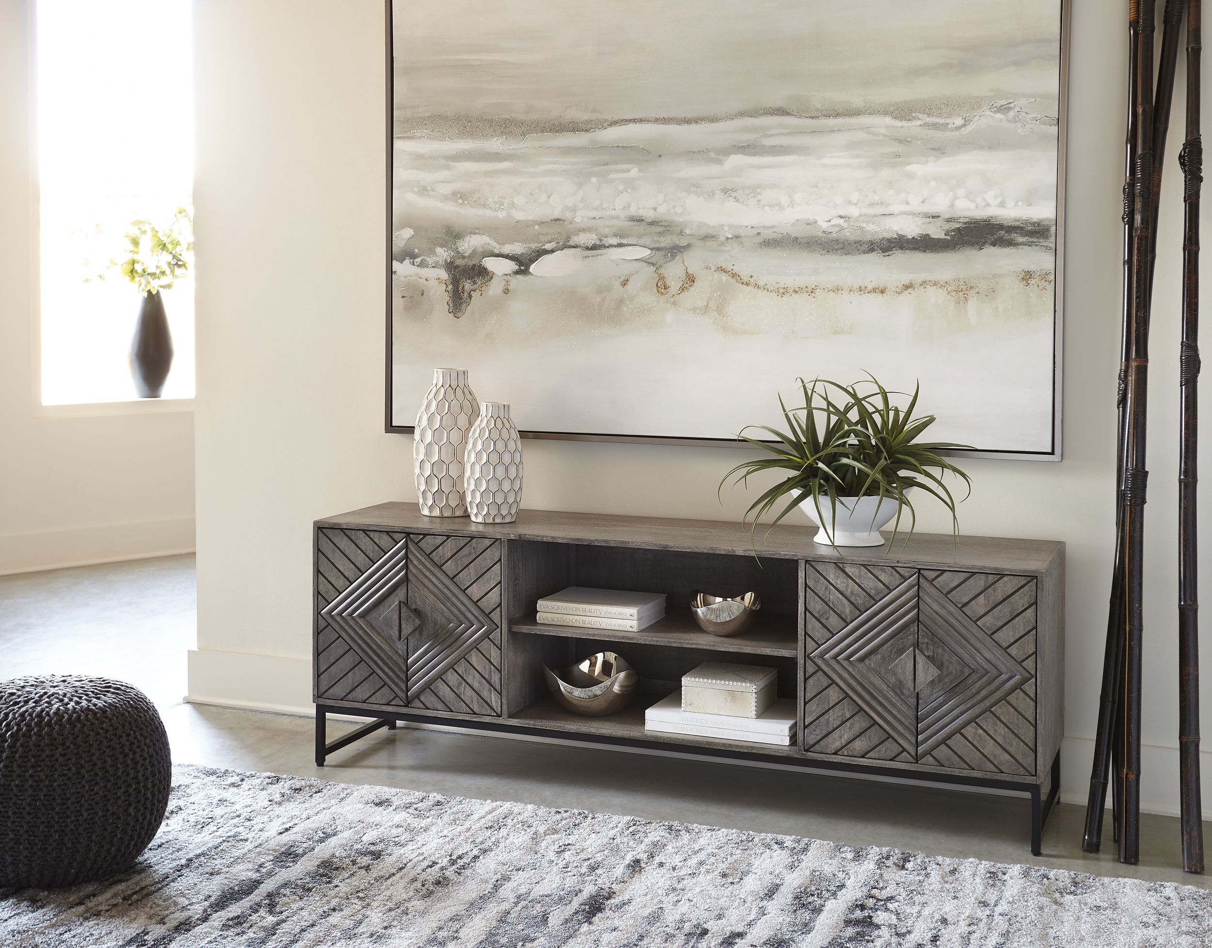 Treybrook 71" Accent Cabinet | Distressed Gray & Industrial Black