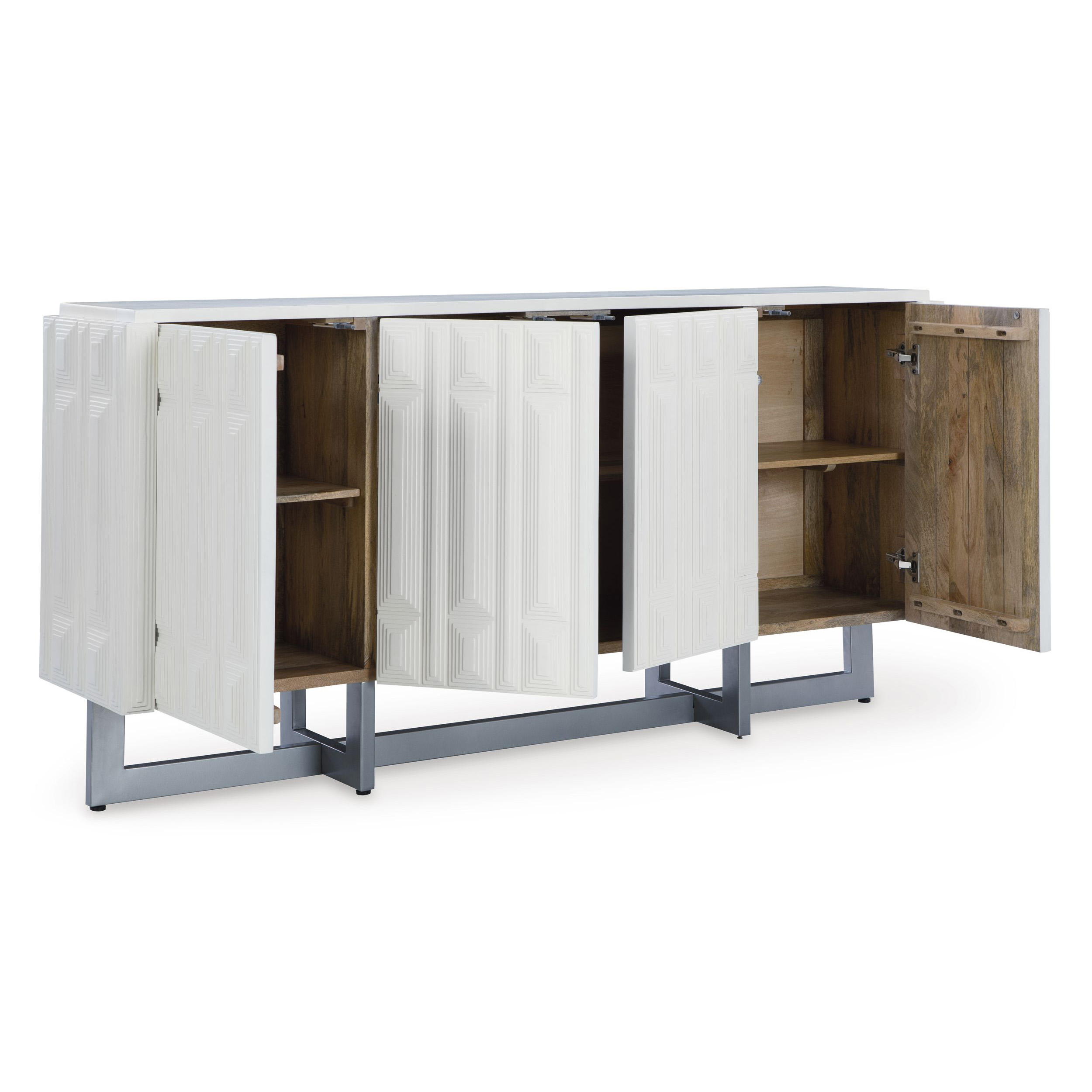 Ornawel 4-Door Accent Cabinet | Distressed White Wood & Metal