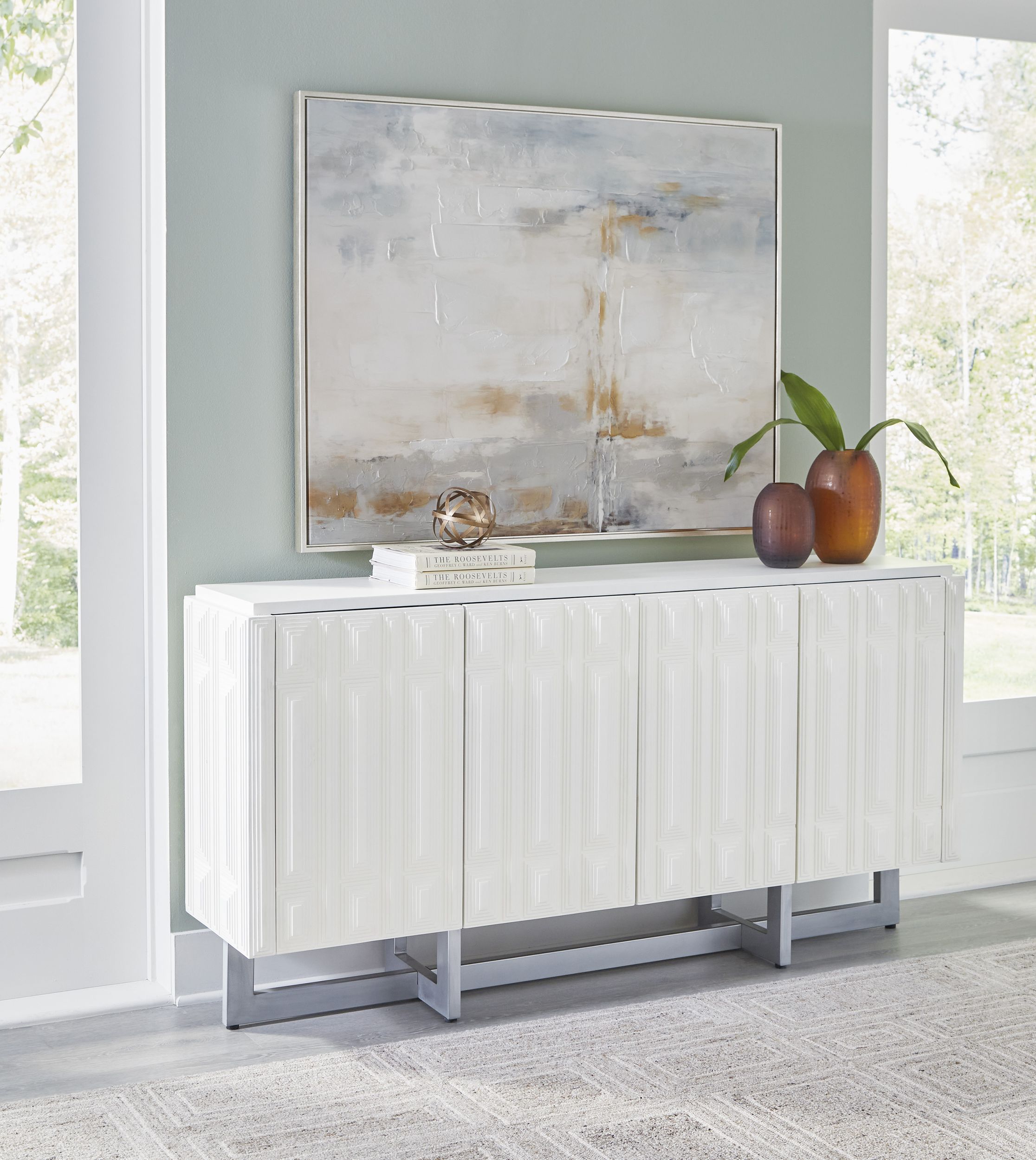Ornawel 4-Door Accent Cabinet | Distressed White Wood & Metal