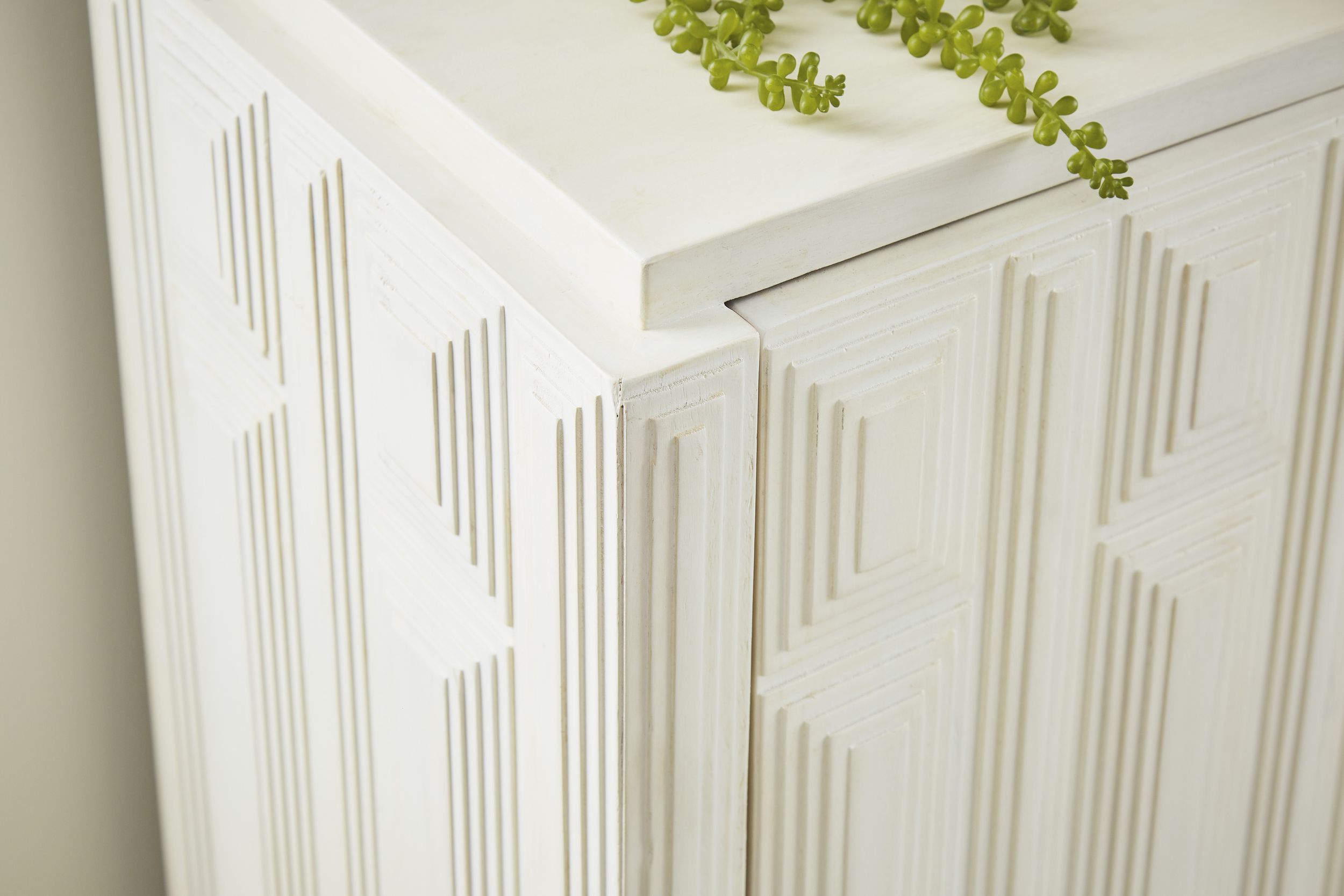 Ornawel 4-Door Accent Cabinet | Distressed White Wood & Metal