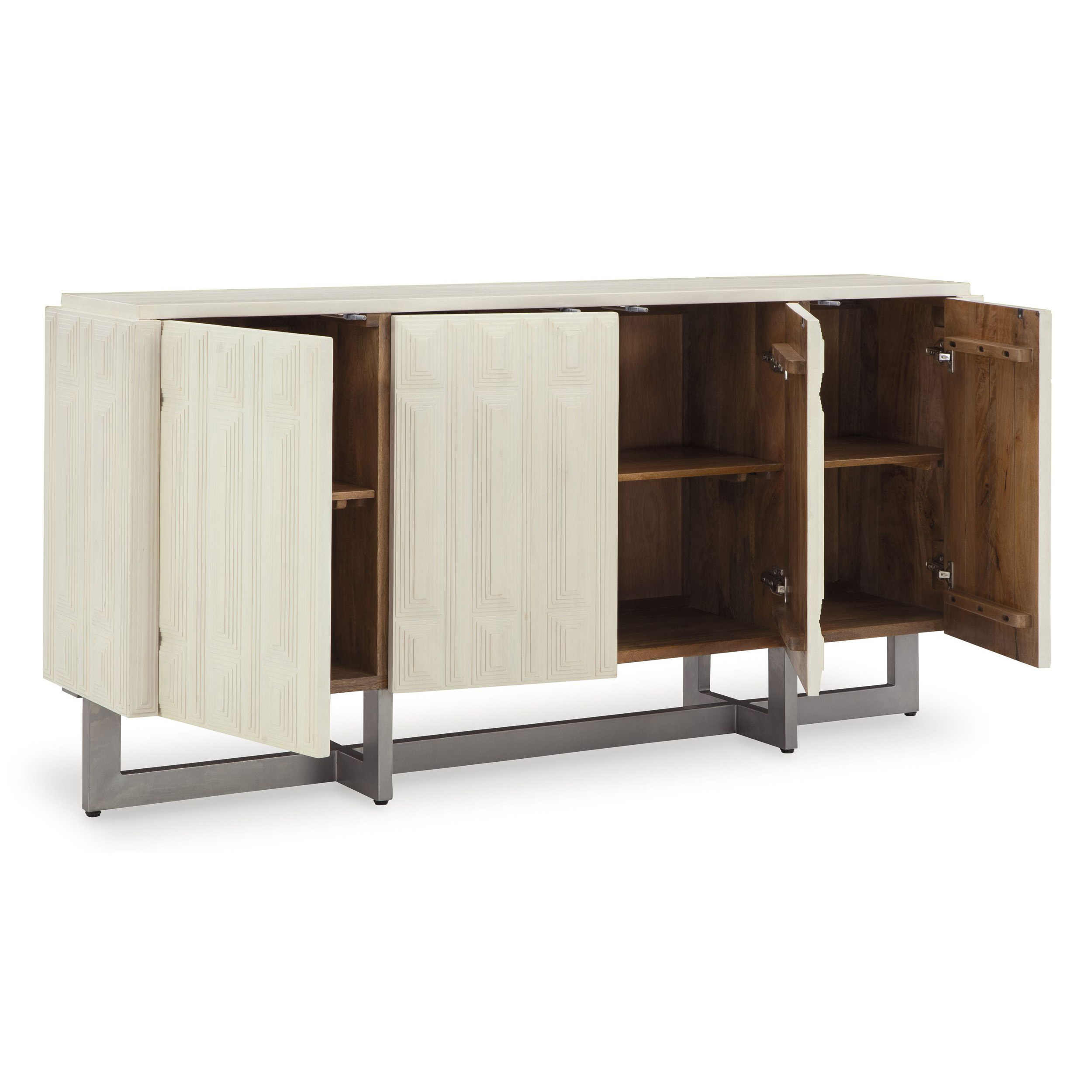 Ornawel 4-Door Accent Cabinet | Distressed White Wood & Metal