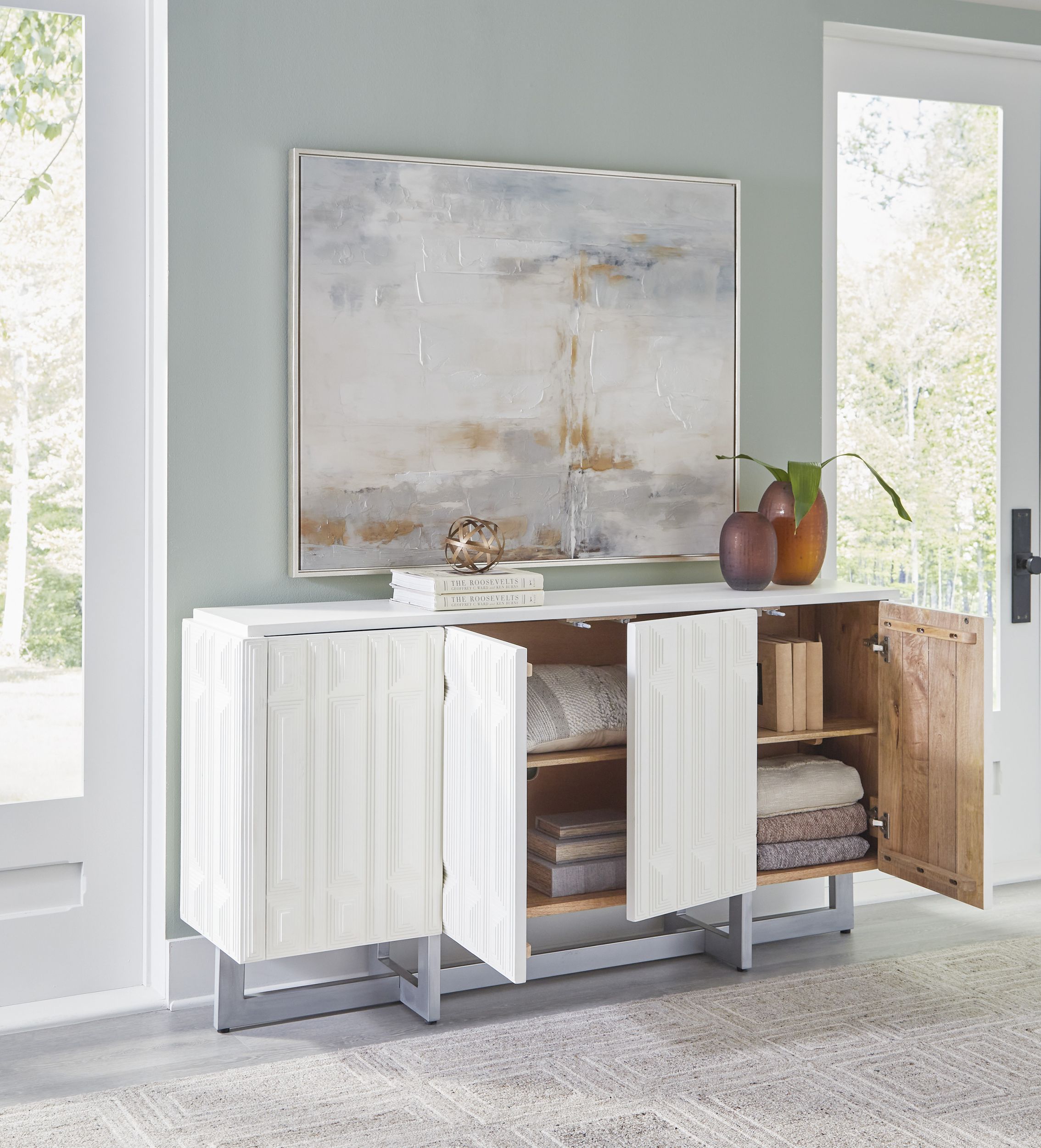 Ornawel 4-Door Accent Cabinet | Distressed White Wood & Metal
