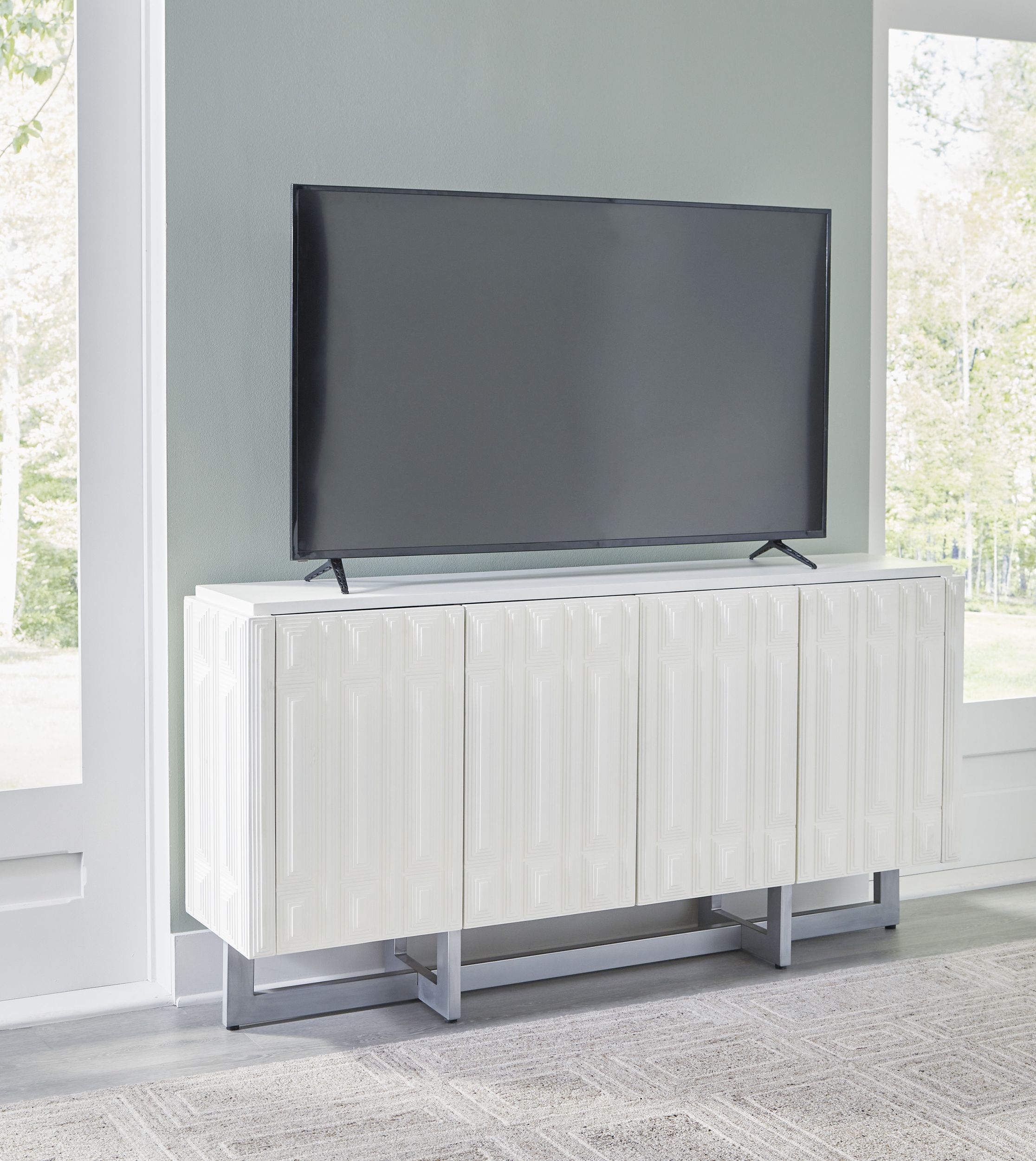 Ornawel 4-Door Accent Cabinet | Distressed White Wood & Metal