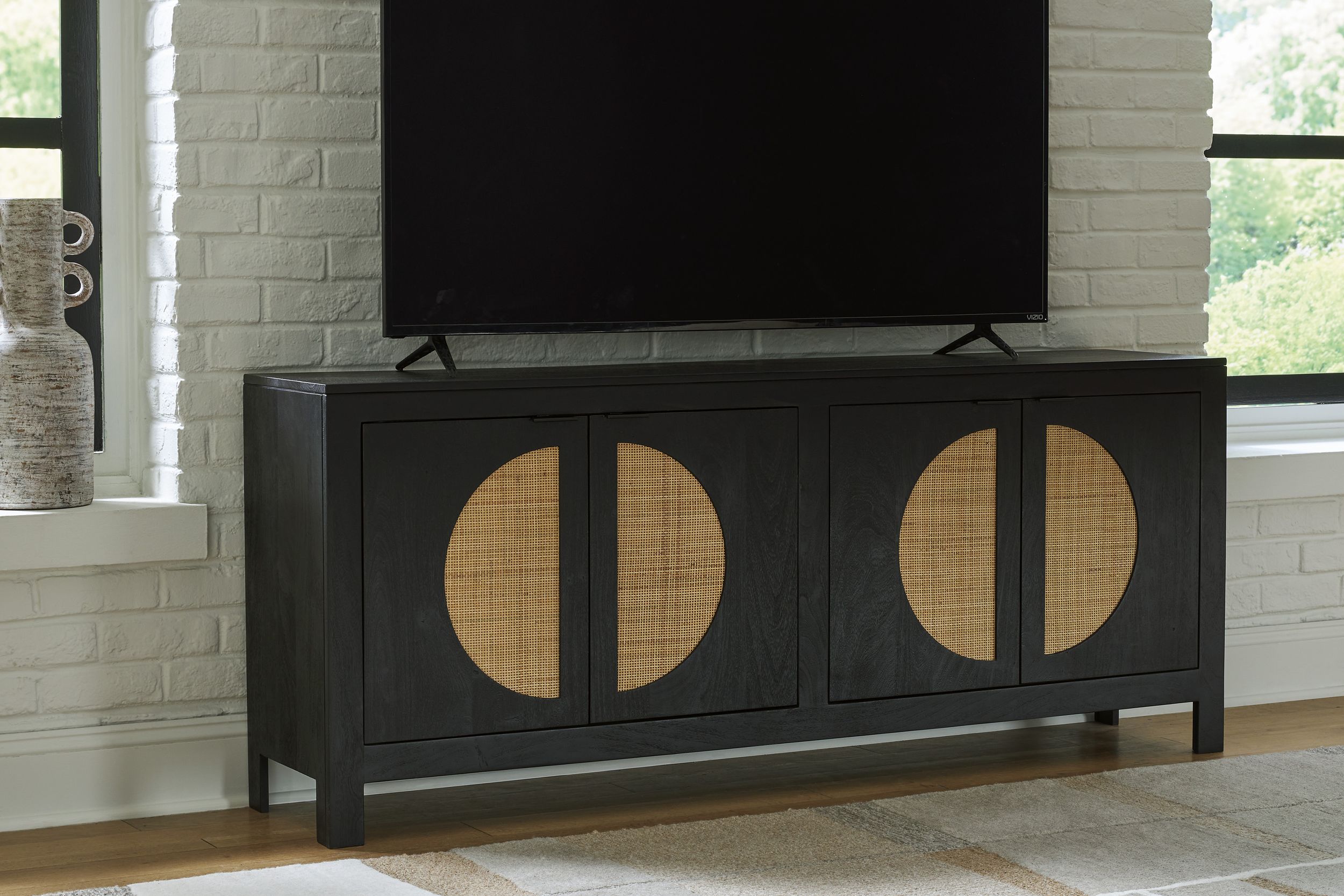 Cliffiings 4-Door Wood Accent Cabinet | Cane & Black Finish