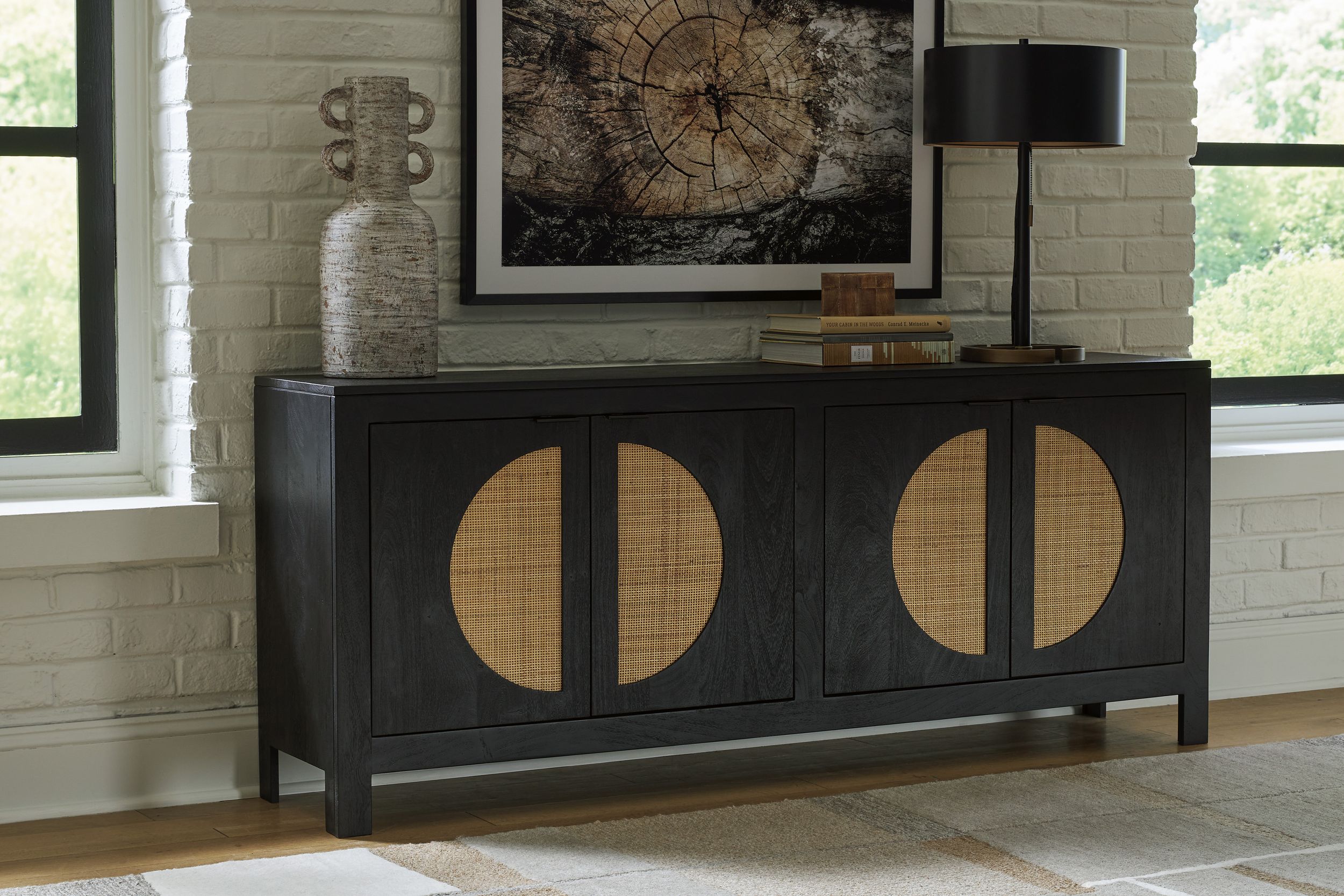 Cliffiings 4-Door Wood Accent Cabinet | Cane & Black Finish