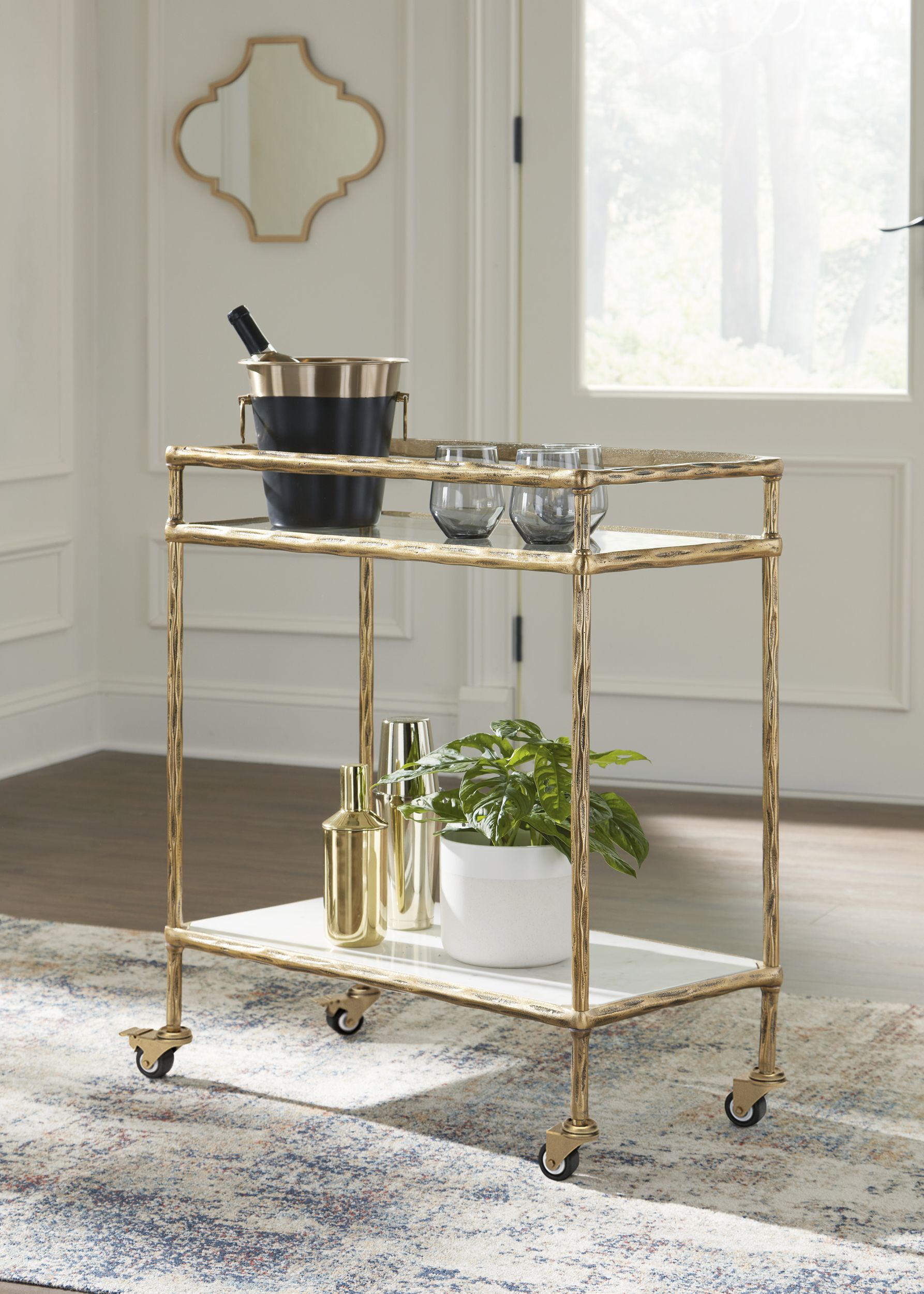 Plattfield Aluminum 2-Tier Bar Cart - Antique Gold & Marble
