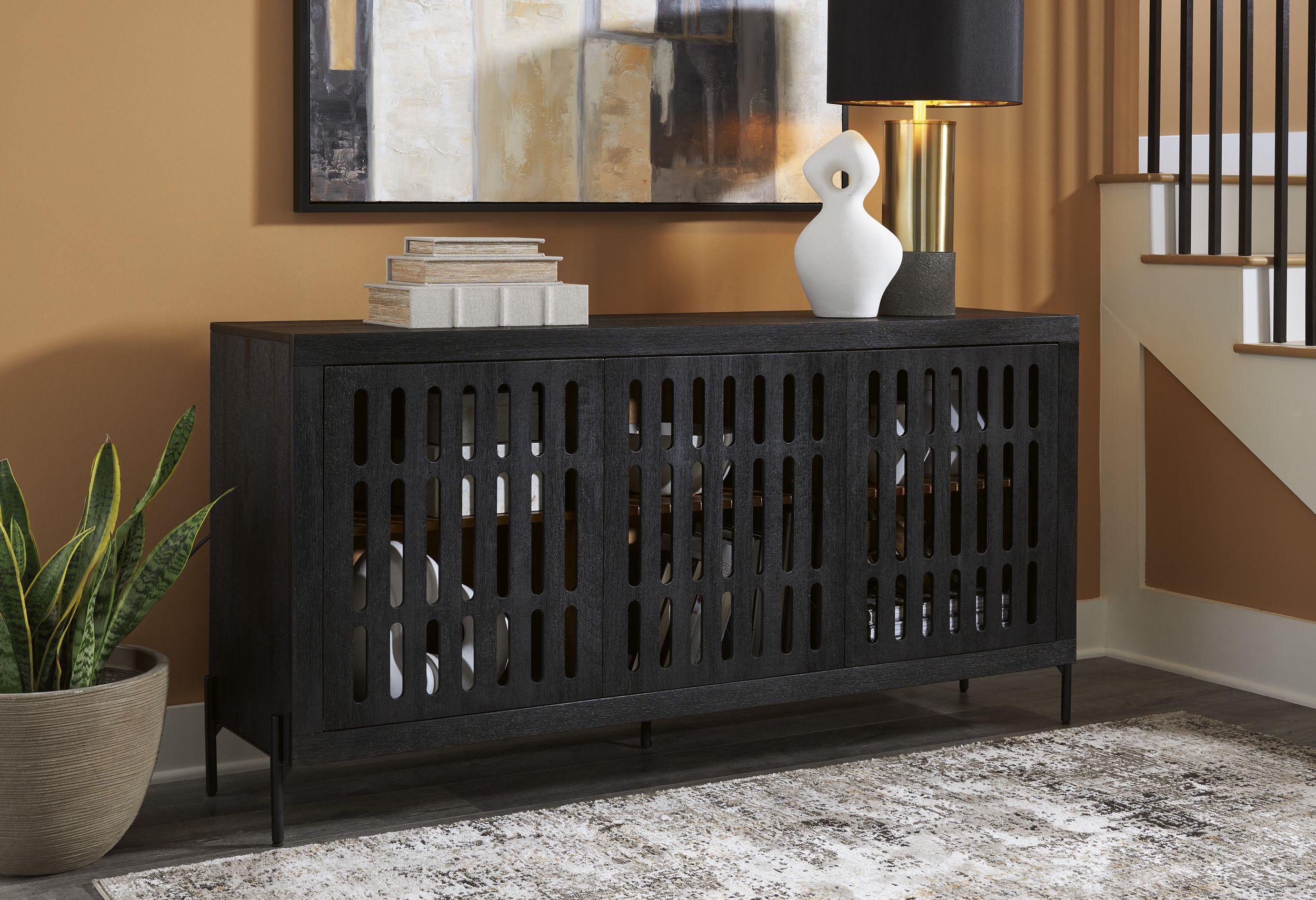 Vallisburg 3-Door Accent Cabinet | Black & Natural Mango Wood
