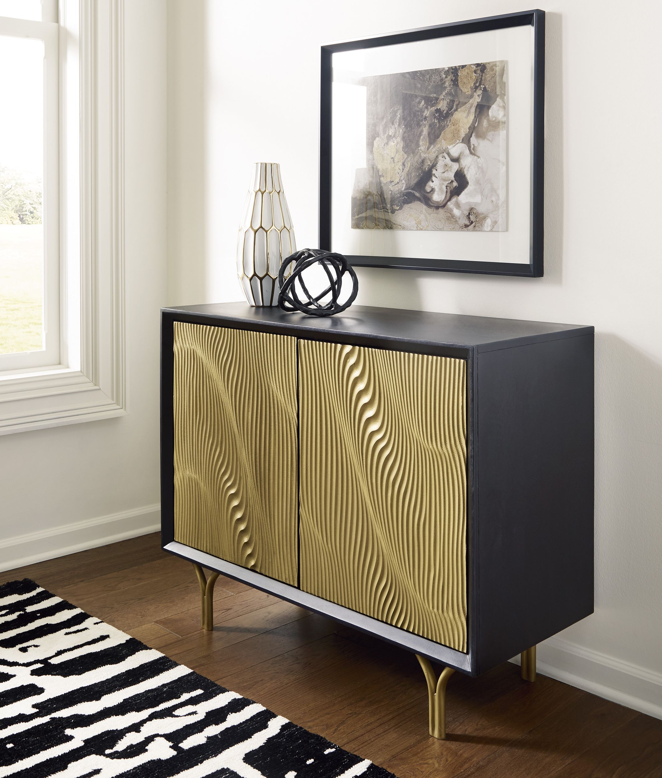 Tayner 2-Door Accent Cabinet | Luxe Black & Gold Storage