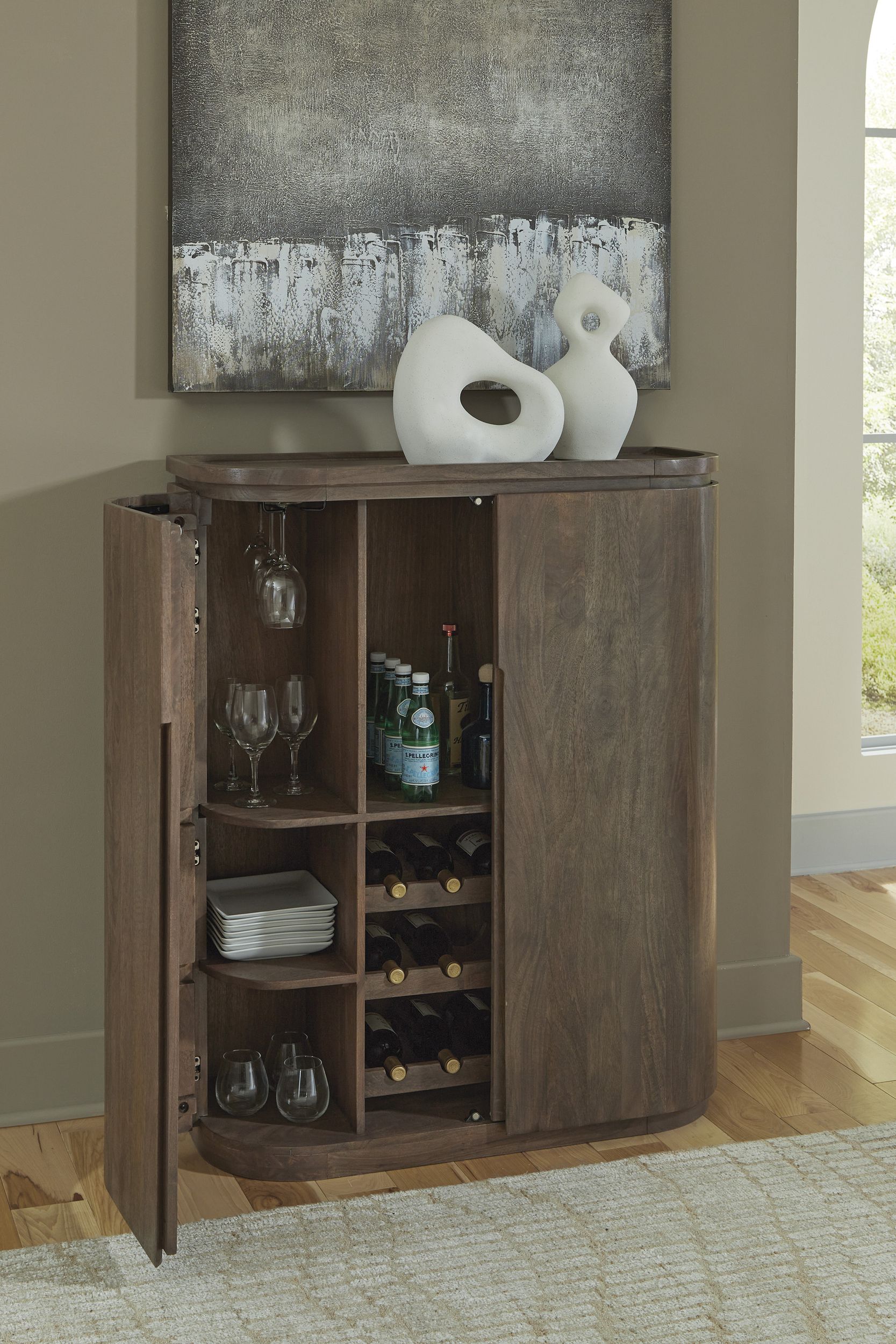 Landermont Wood Bar Cabinet - Solid Mango Wood & Wine Storage