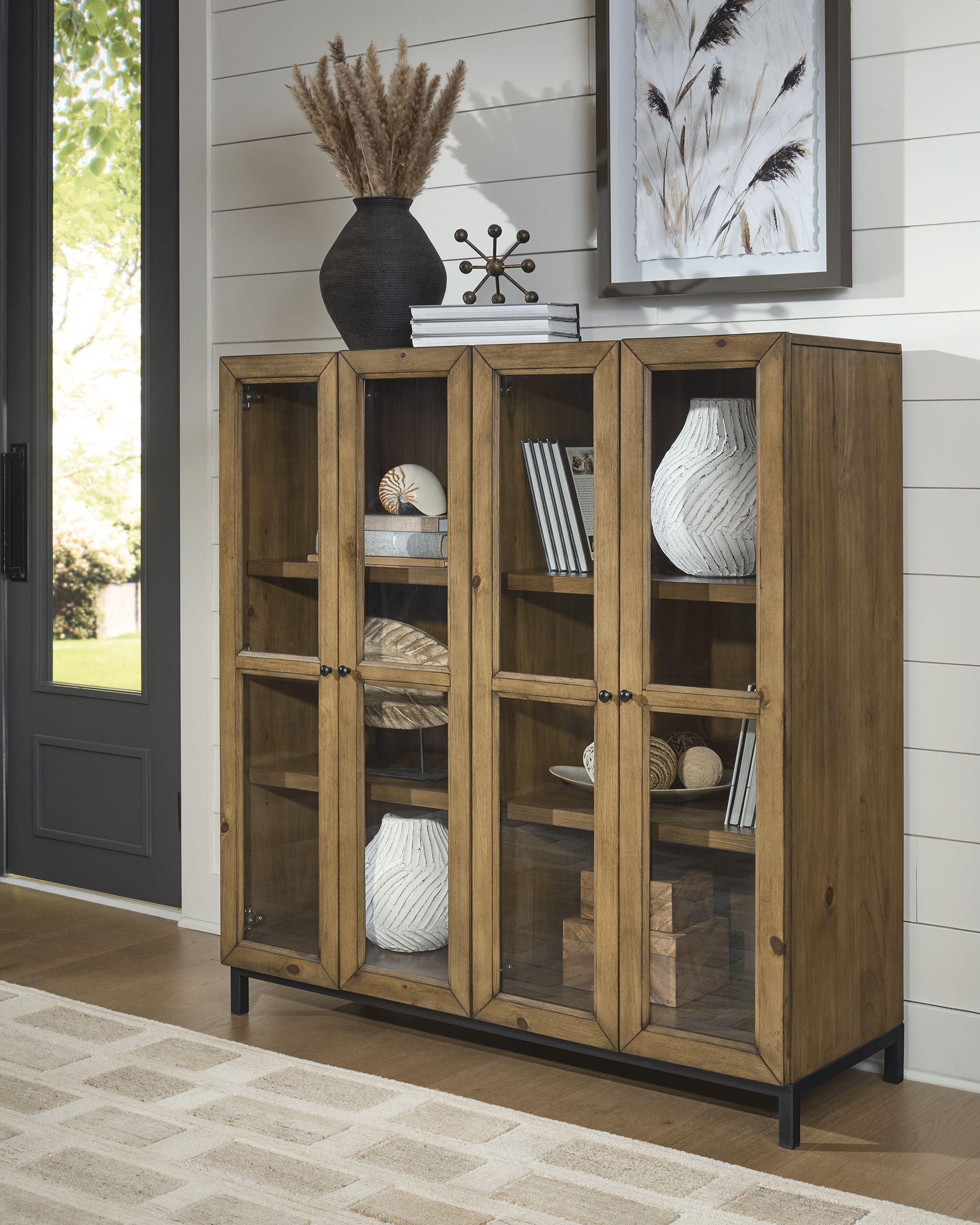 Wrenridge 4-Door Display Cabinet | Gray-Brown Wood & Glass