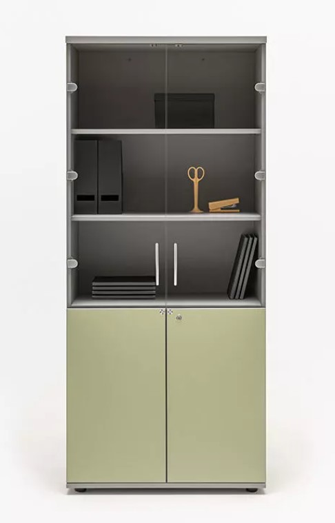Color Office Lockable Cabinet w/2 Upper Glass Doors & 2 Down Doors