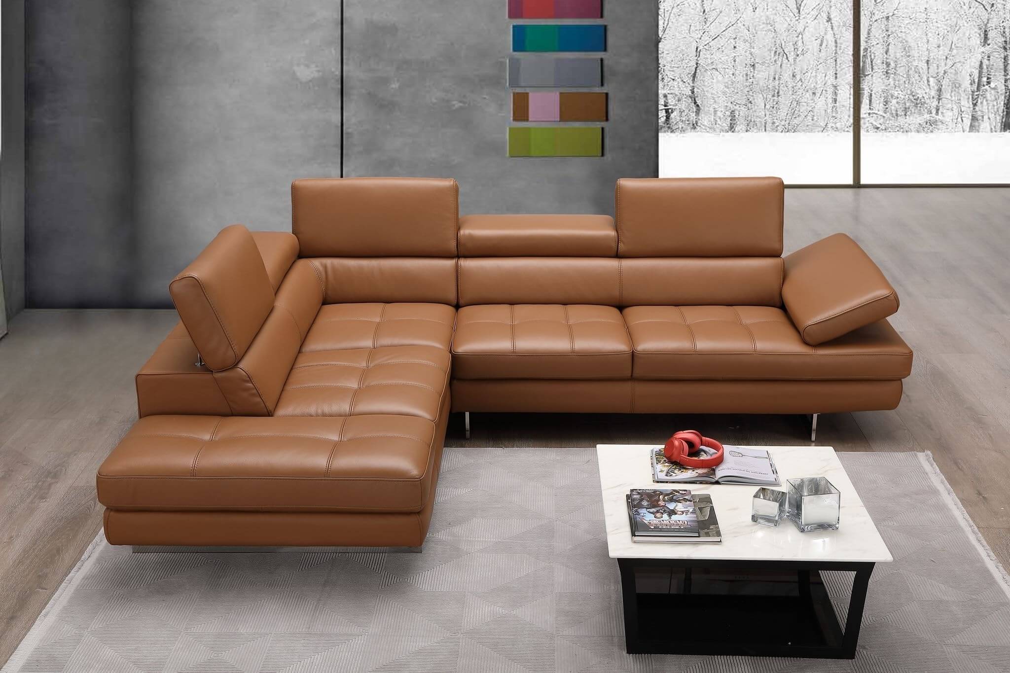 J&M Furniture A761 Italian Leather Sectional in Caramel - Modern Leather sectional for Livingroom (RHF Chaise)
