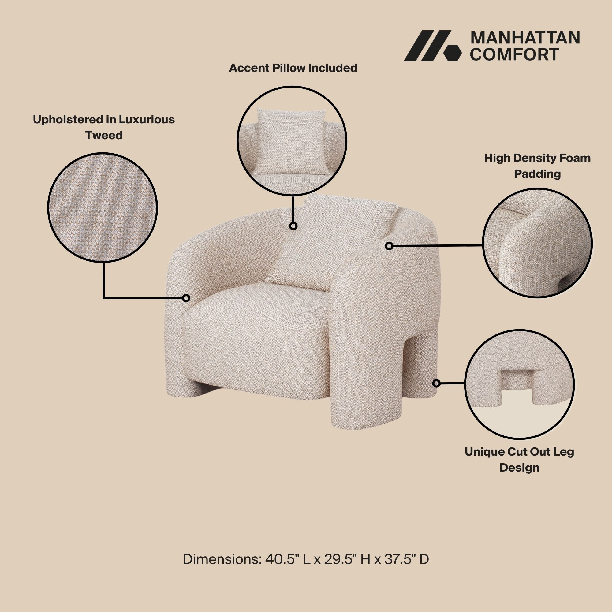 Sylvia Tweed Accent Armchair w/Accent Pillow