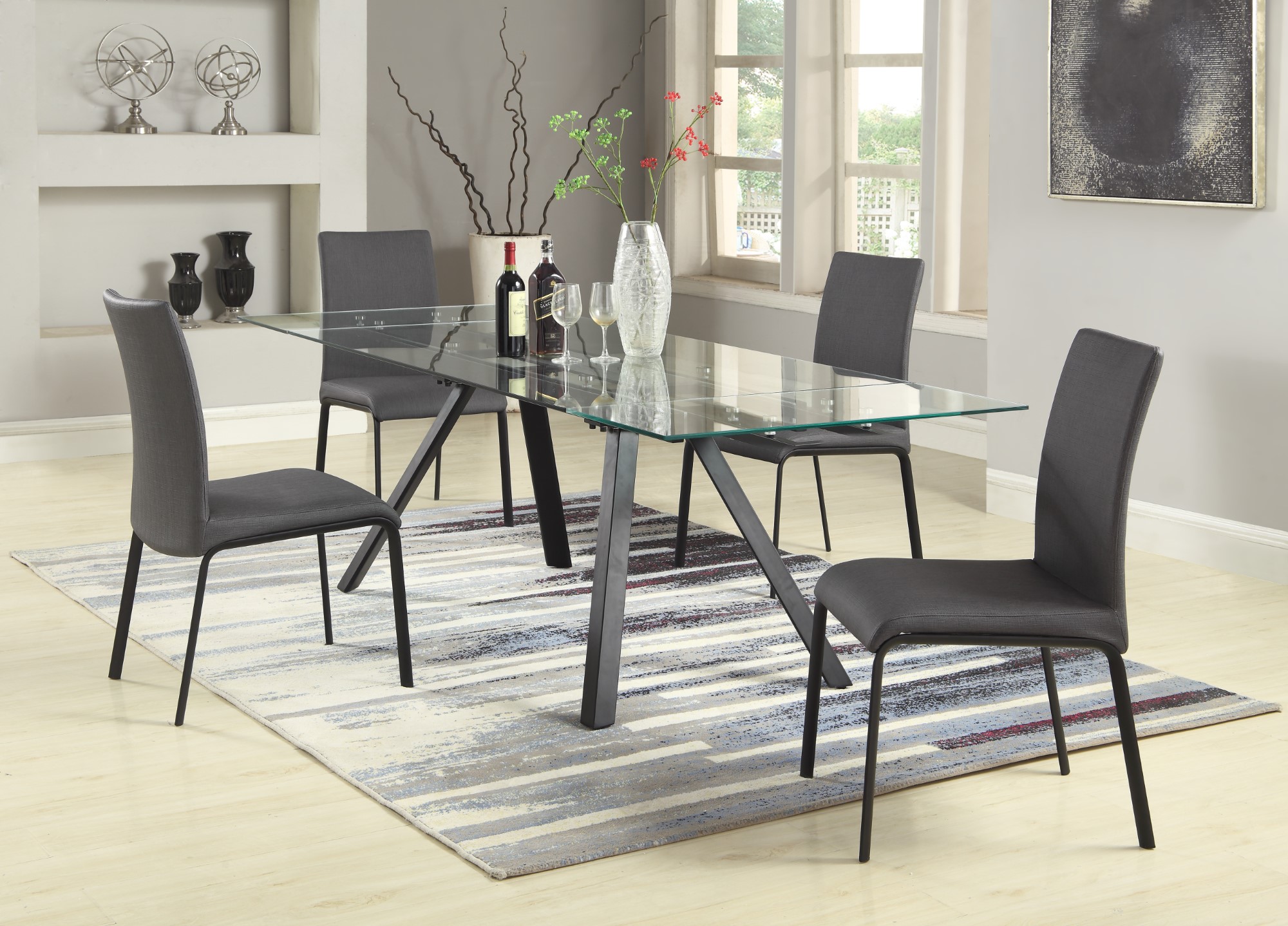 Aida 35" x 63" Glass Dining Table w/2 Extensions & Metal Legs