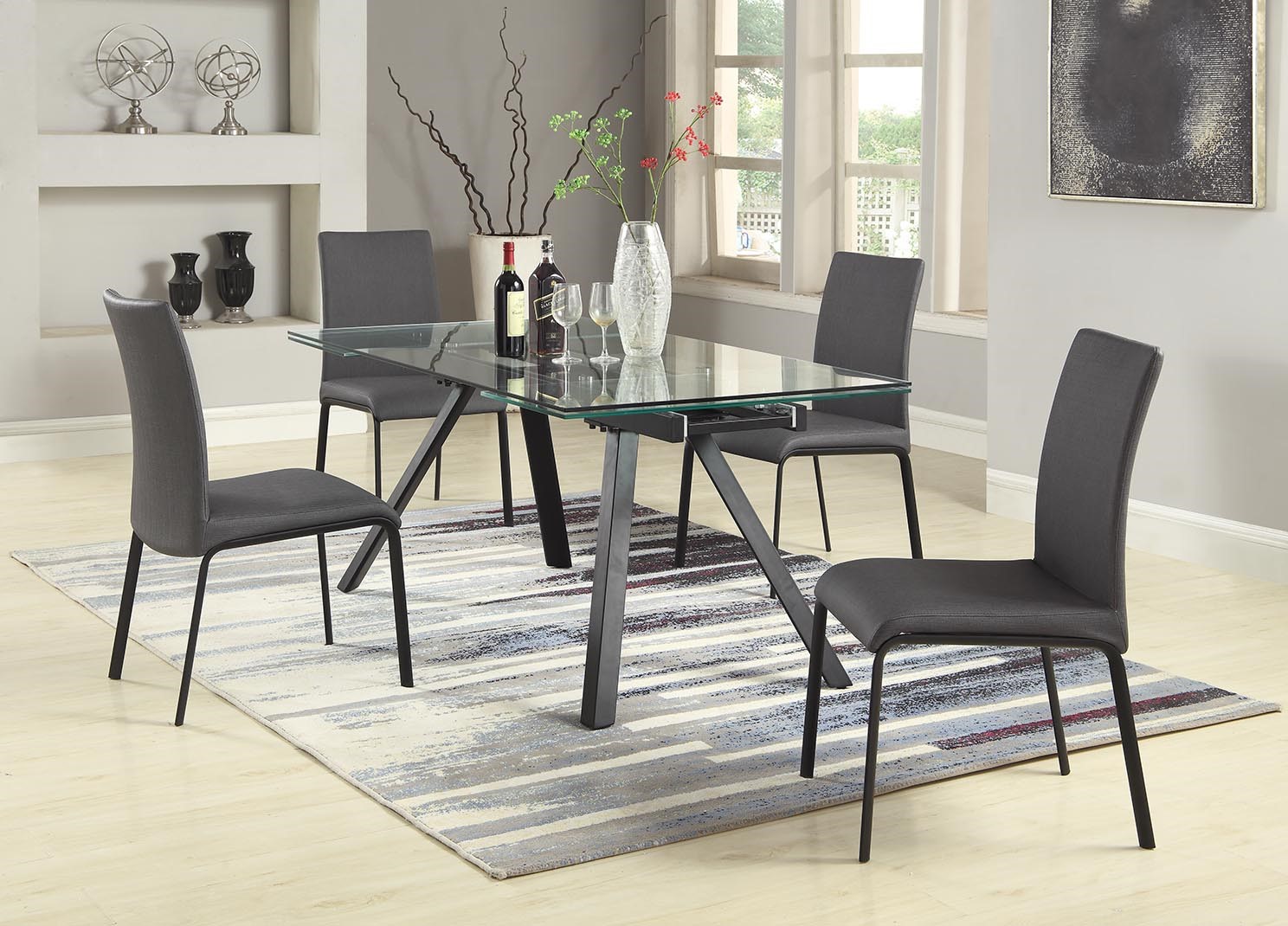 Aida 35" x 63" Glass Dining Table w/2 Extensions & Metal Legs