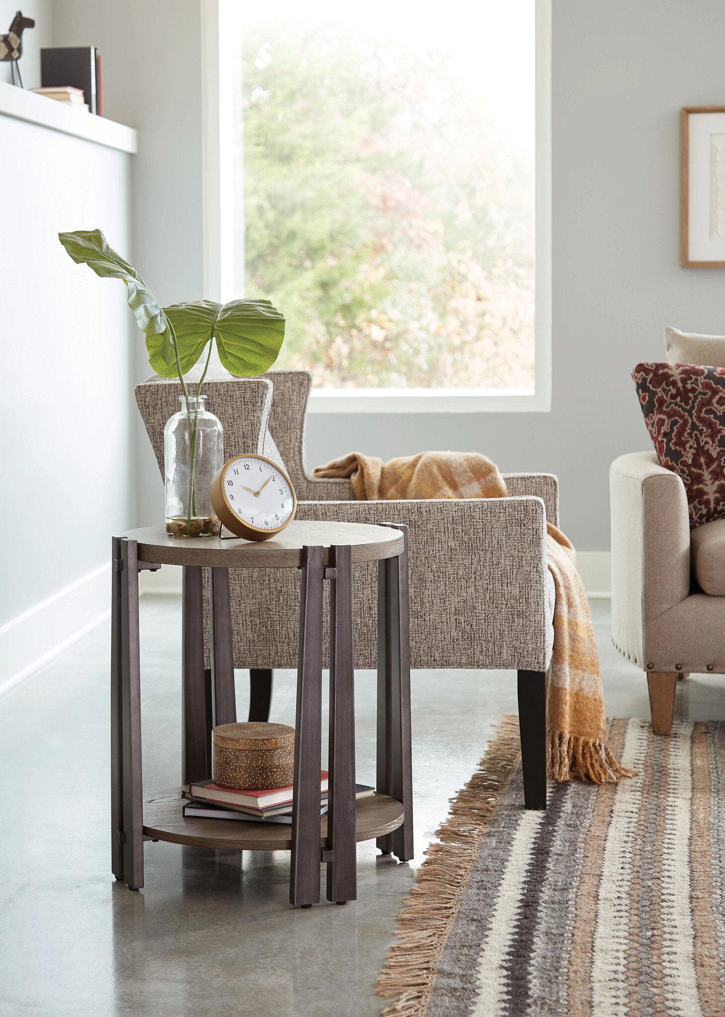 Rustic Round Side Table with Lower Shelf