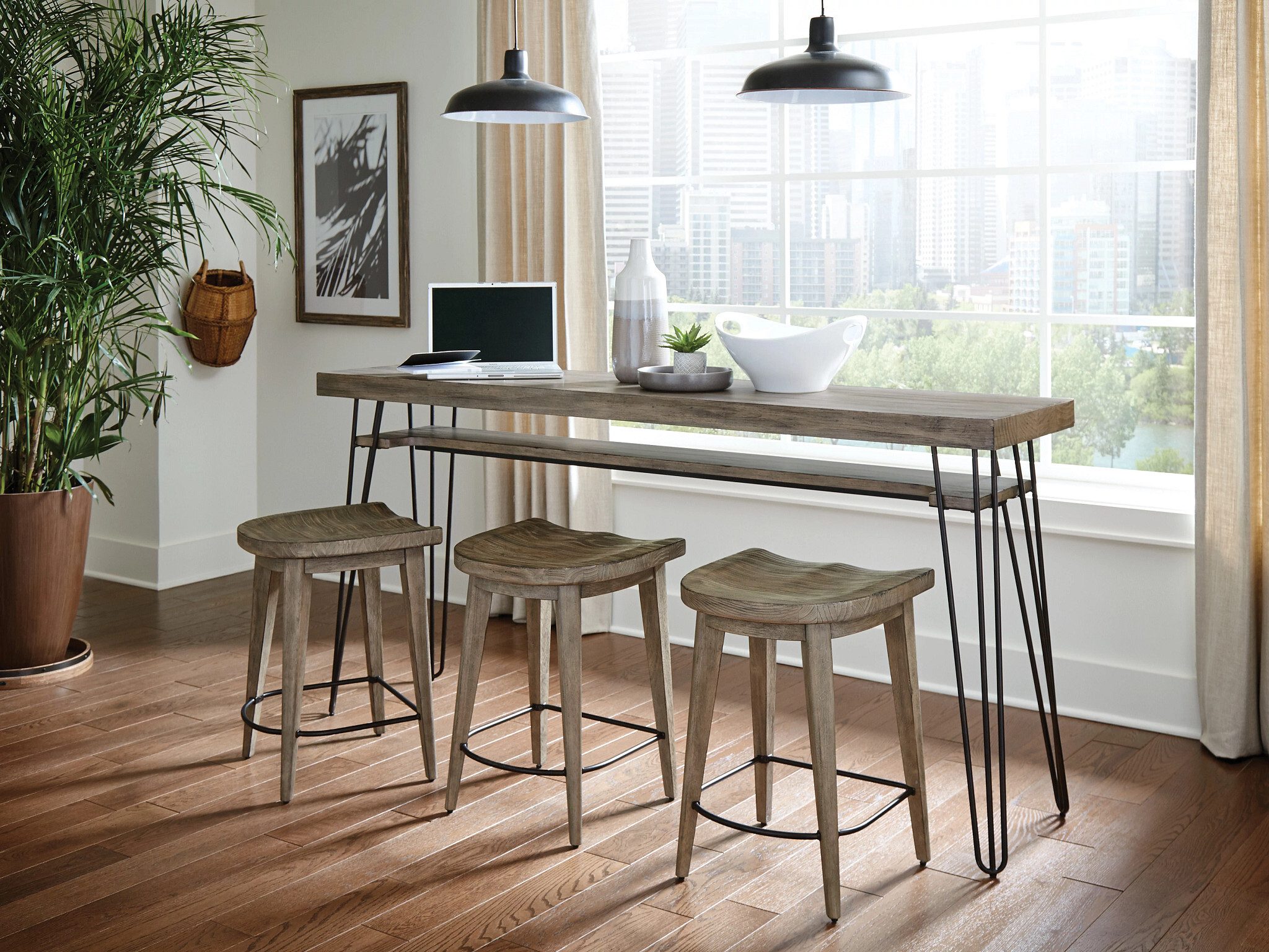Hammary Sanbern Bar Console Living Room with Three Stools