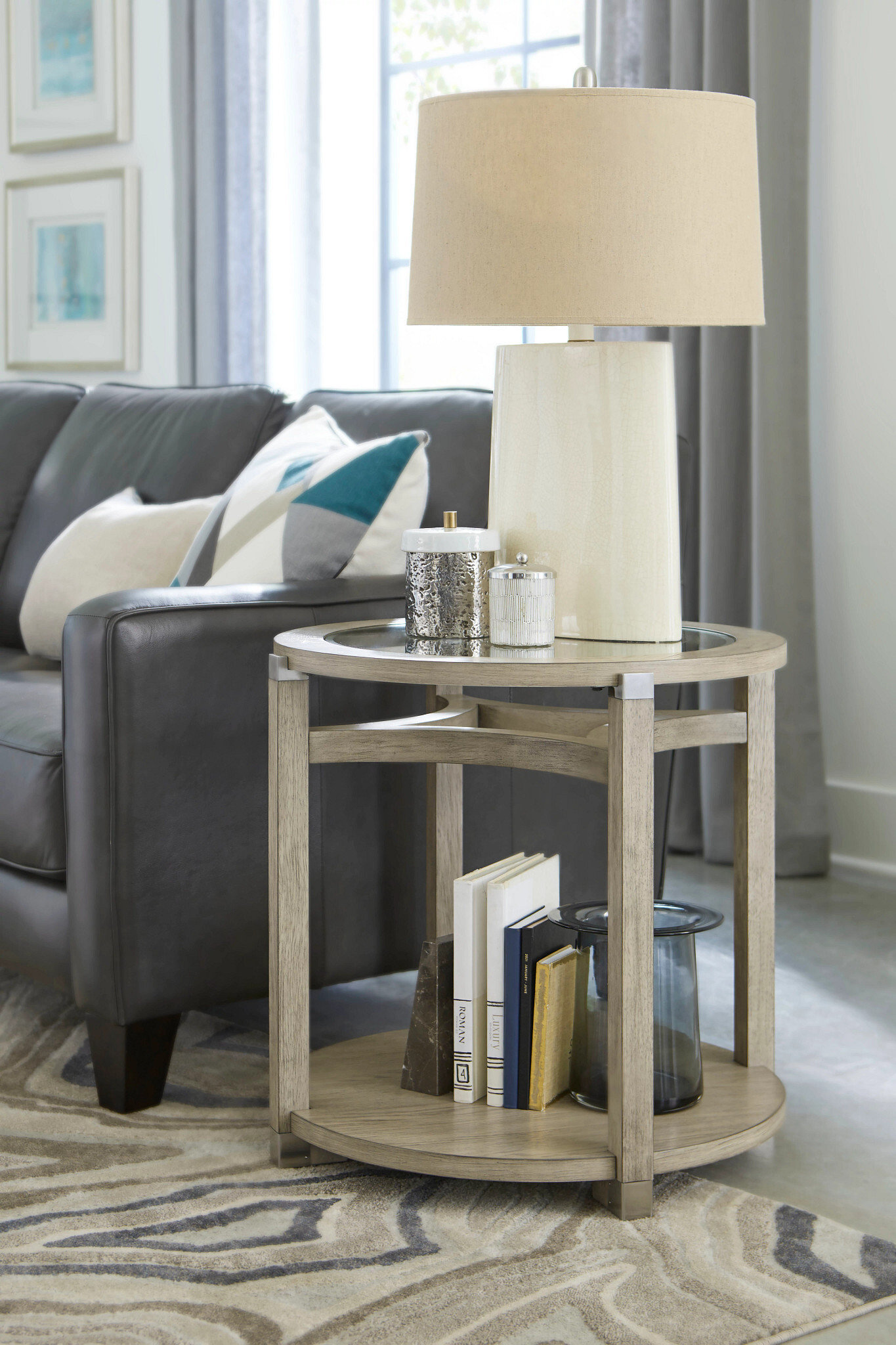 Living Room Hammary Solstice Round End Table, Soft Beige