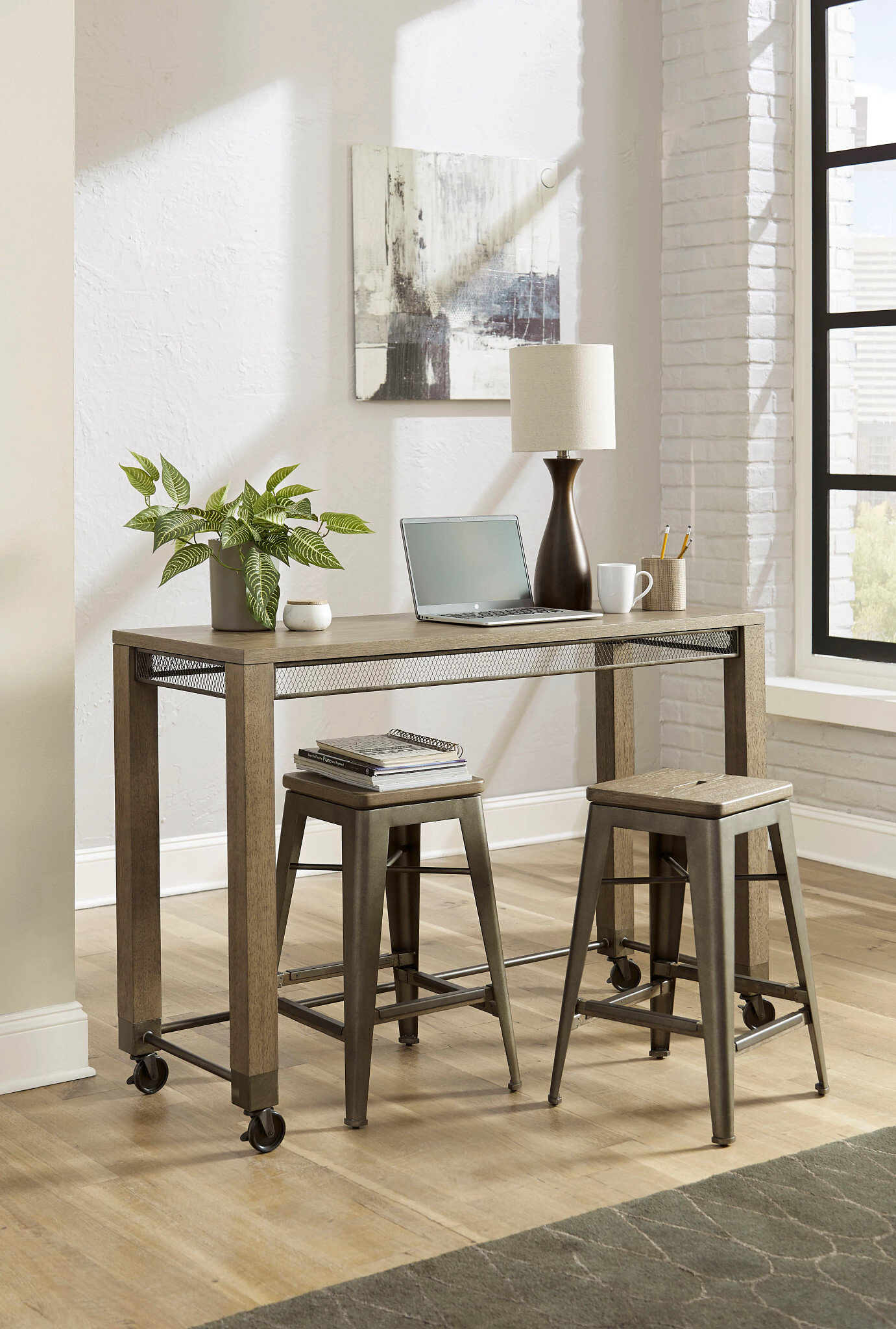 Maya Counter Console Table w/2 Stools, Natural Pecan