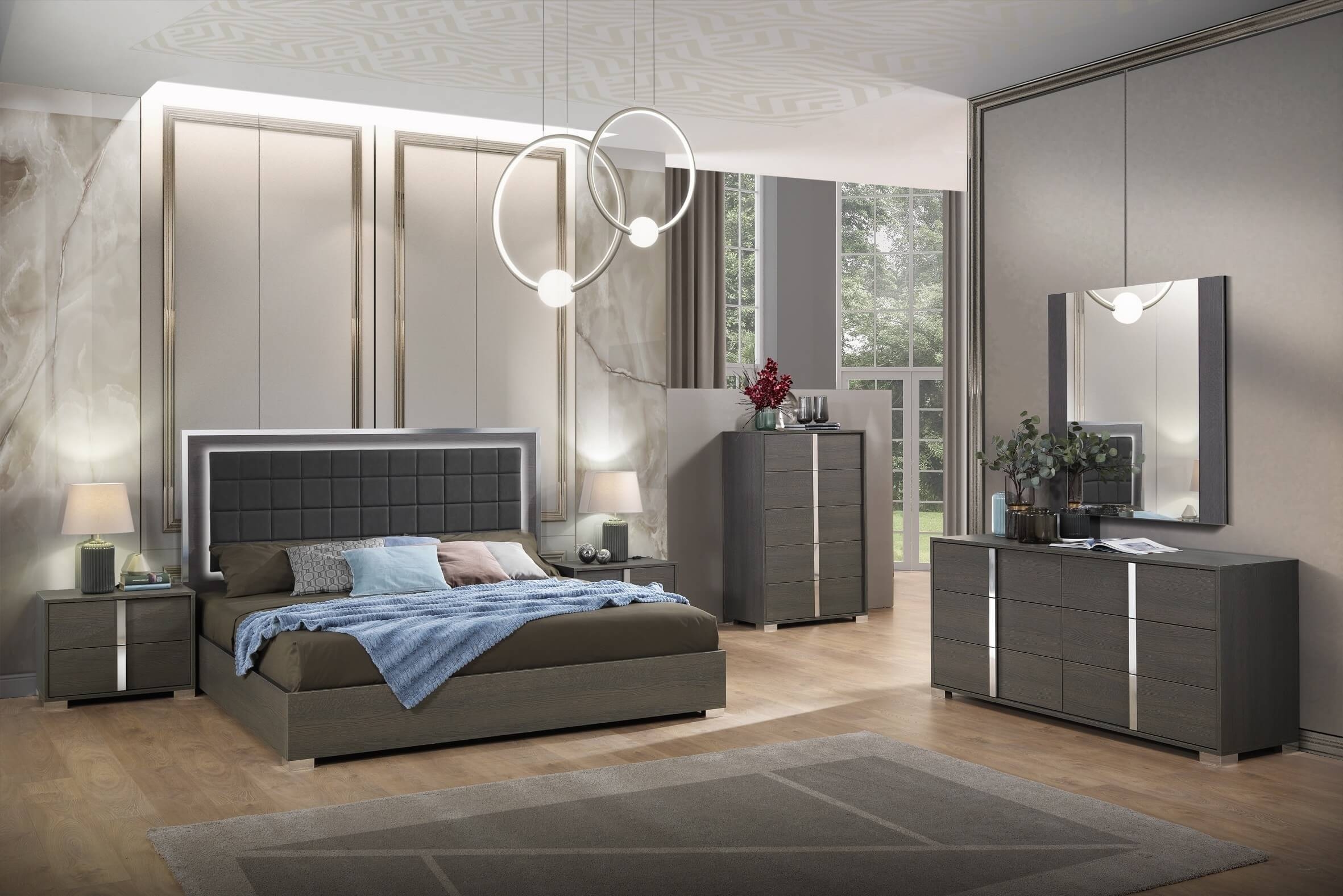 Alice Wood Veneer Bed with Tufted Leatherette Headboard, King Size