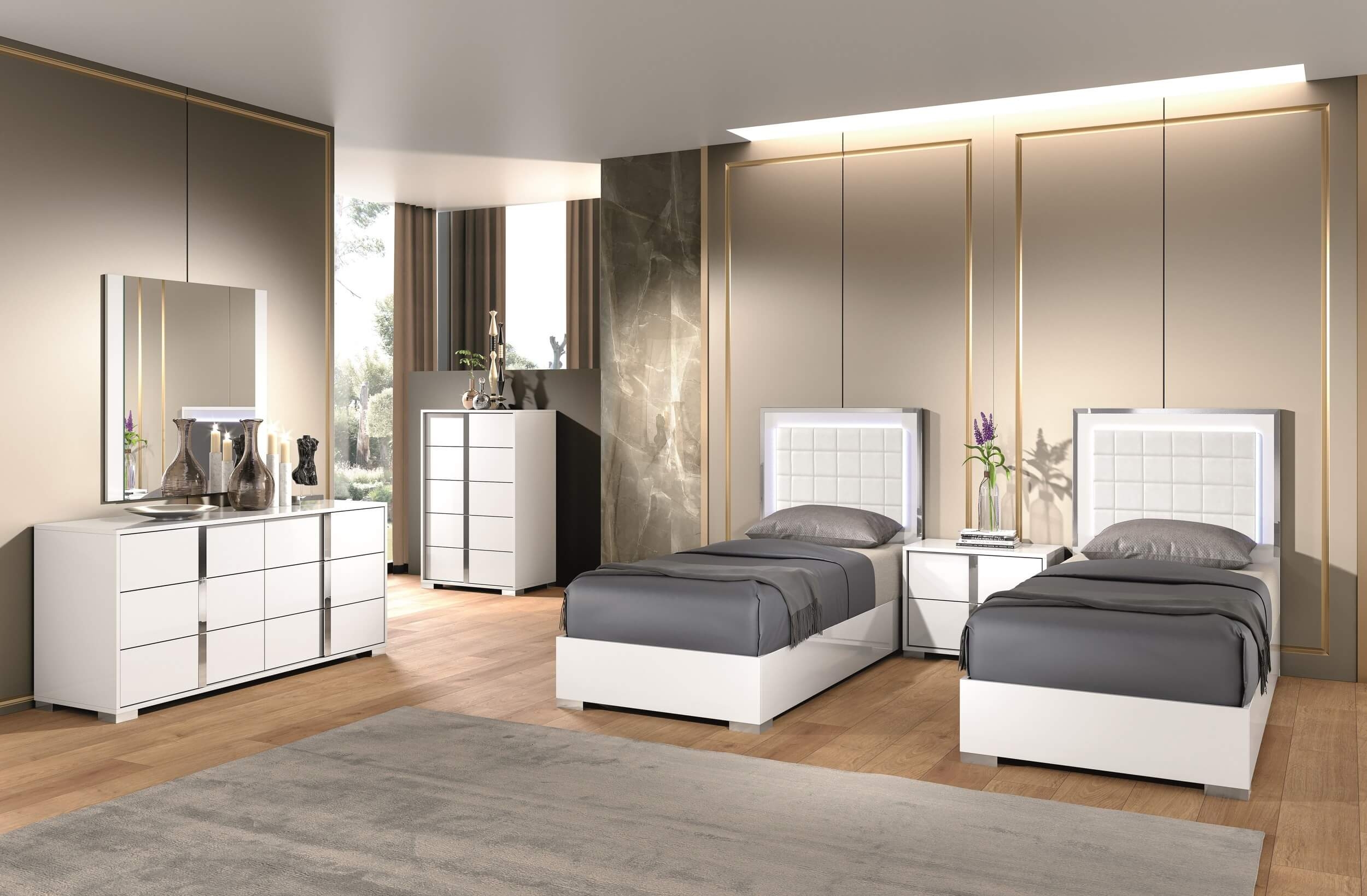 Alice Wood Veneer Bed with Tufted Leatherette Headboard, Twin Size