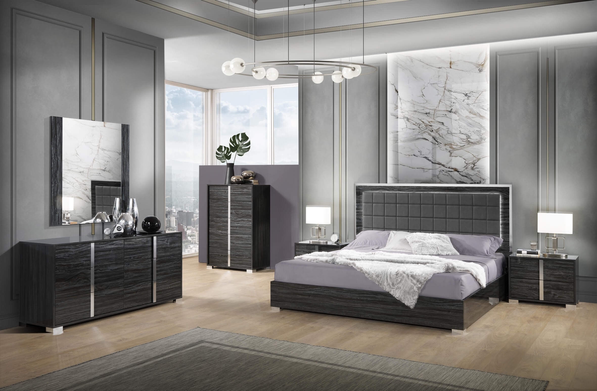 Alice Wood Veneer Bedroom Set with Tufted Leatherette Headboard