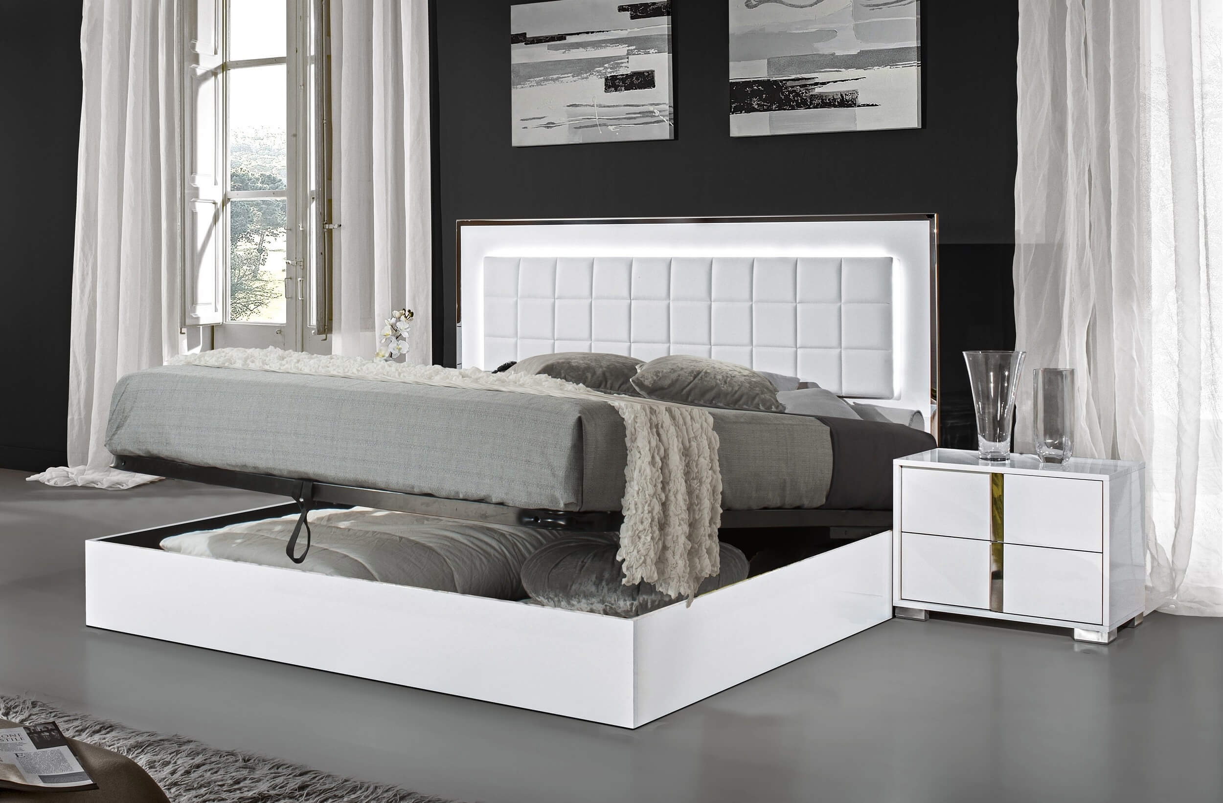 Alice Wood Veneer Storage Bed w/Tufted Leatherette Headboard, Queen Size