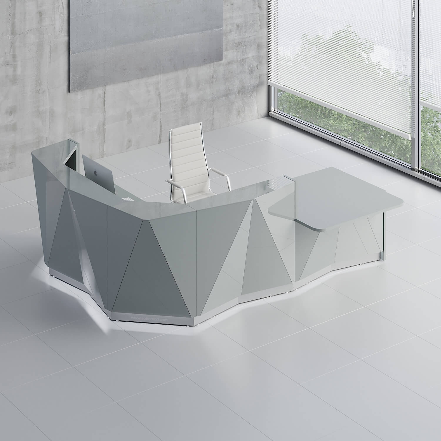 MDD Alpa 123" Corner Medium Reception Desk w/Left Counter Top & LED Light in White Glass
