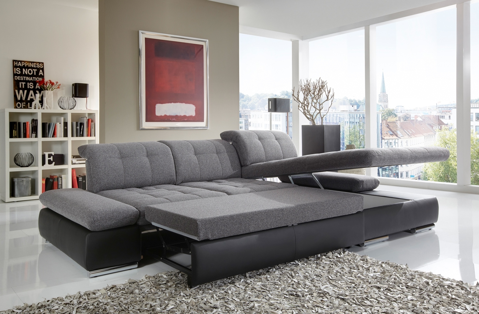 Alpine Fabric L-Shaped Sectional Sofa with Sleeper & Storage